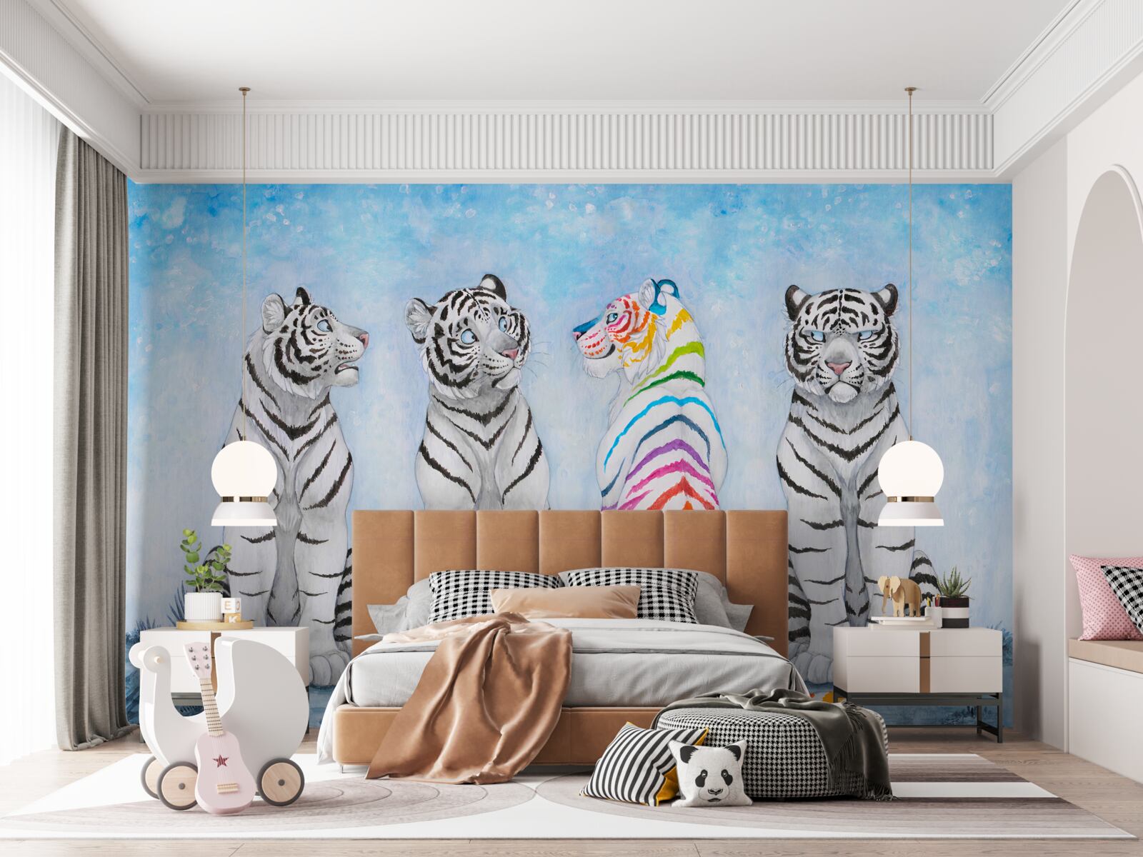 Fototapet un tigru și trei tigri albi