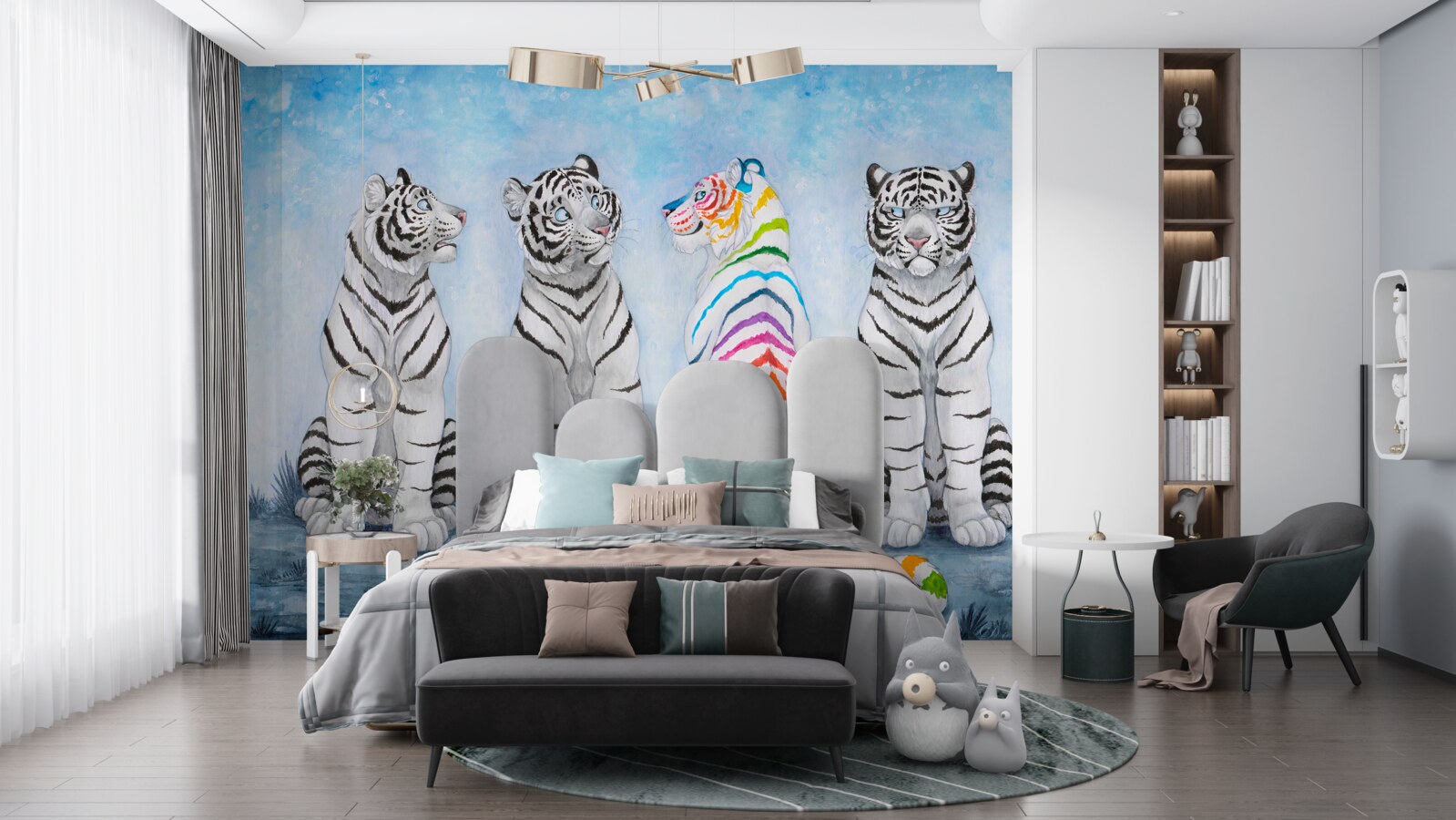 Fototapet un tigru și trei tigri albi