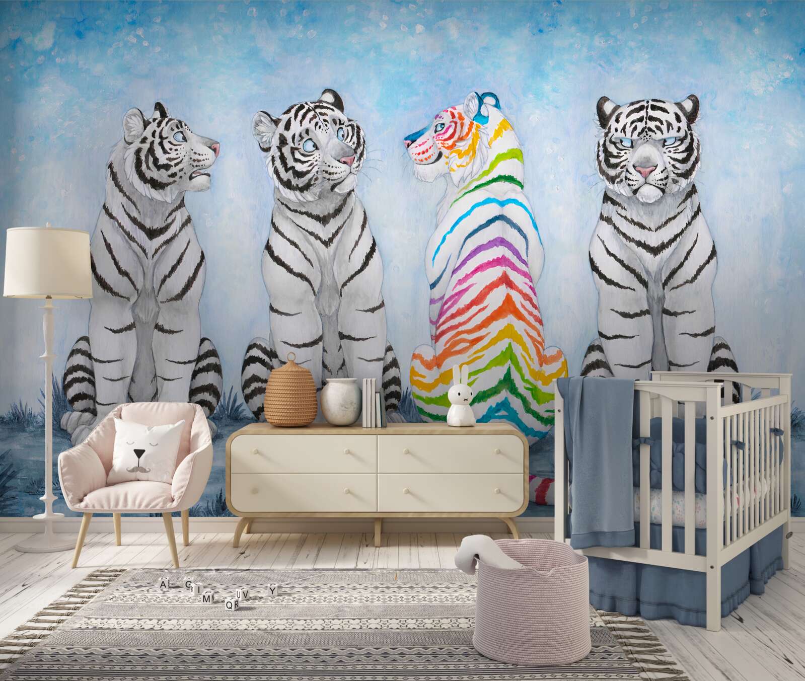 Fototapet un tigru și trei tigri albi