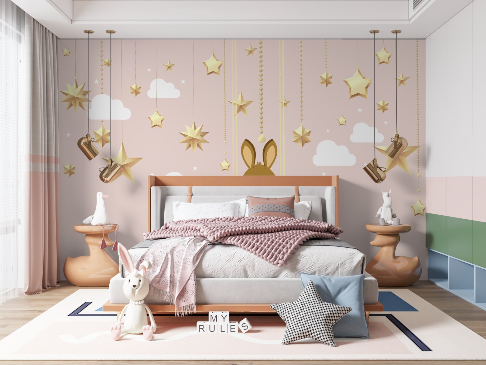 Fototapet un iepuraș se leagănă pe un leagăn de morcovi