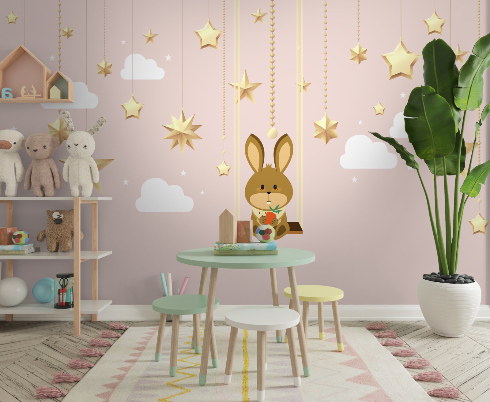 Fototapet un iepuraș se leagănă pe un leagăn de morcovi