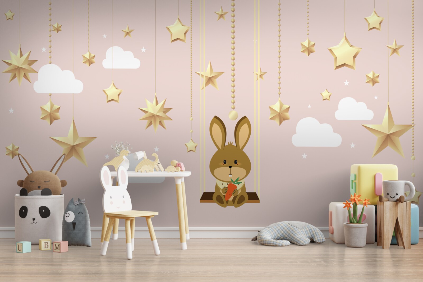 Fototapet un iepuraș se leagănă pe un leagăn de morcovi