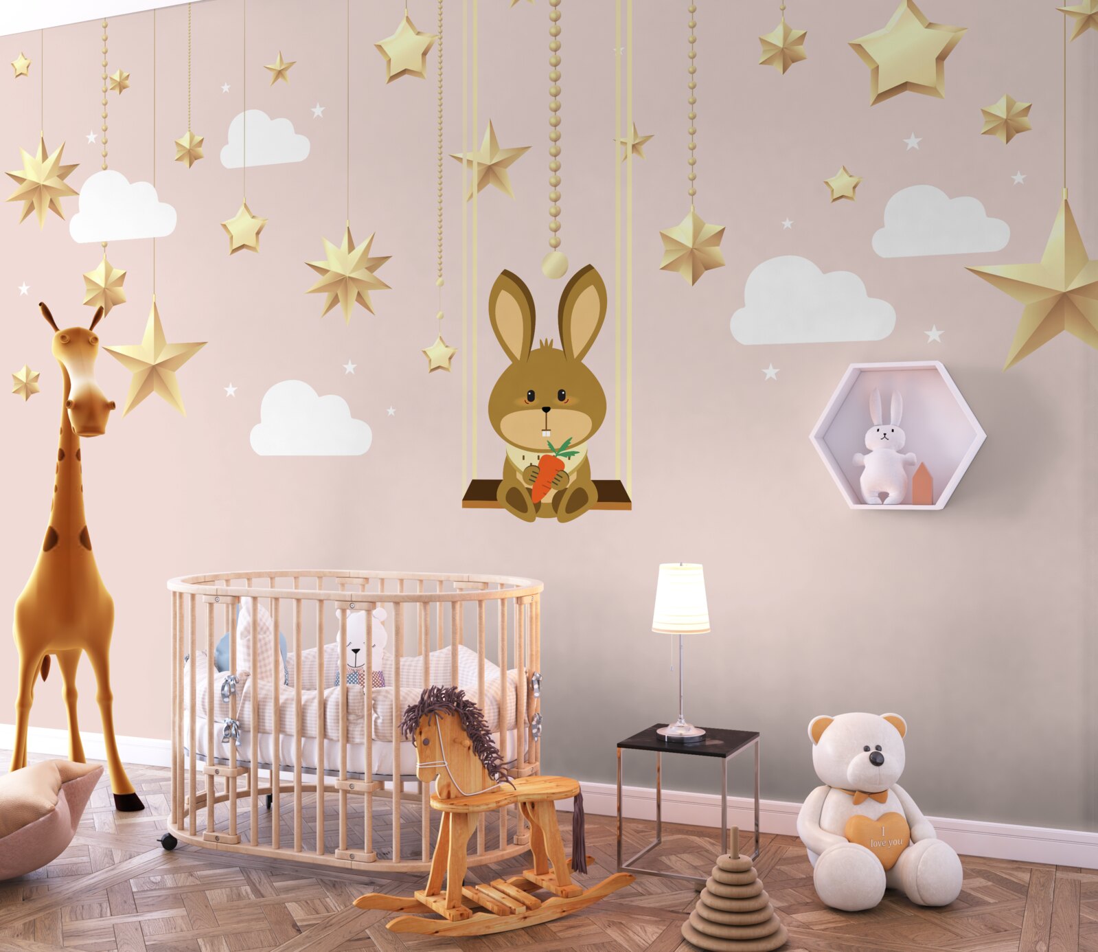 Fototapet un iepuraș se leagănă pe un leagăn de morcovi