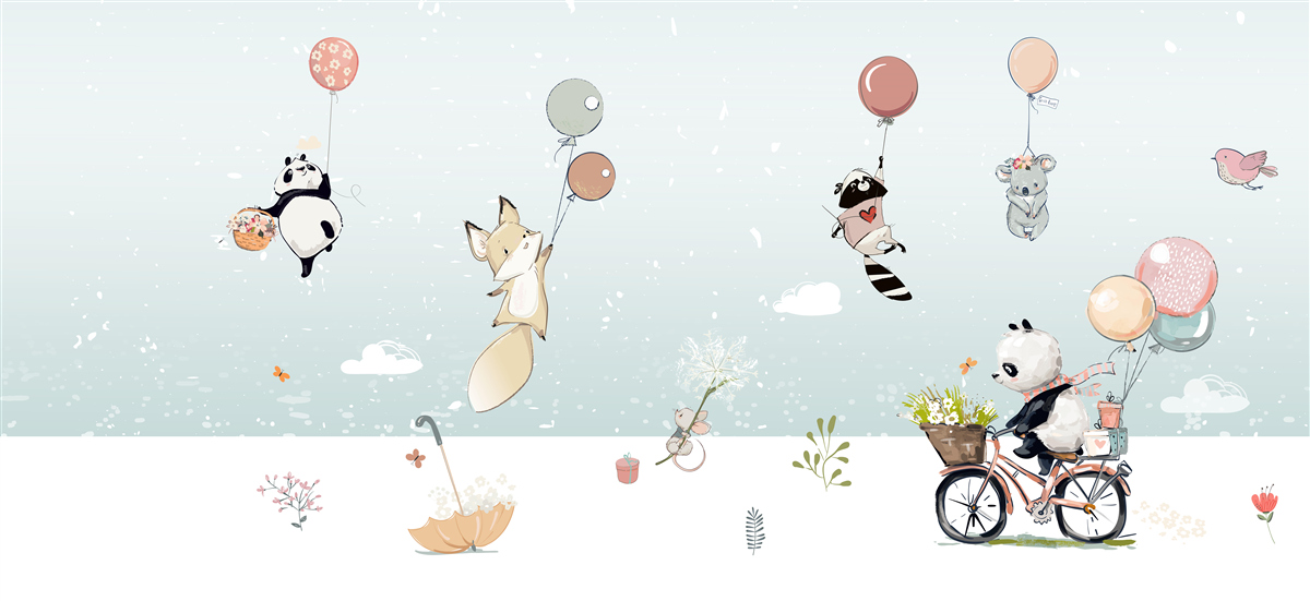 Fototapet animalele plutesc pe baloane și un panda merge pe bicicletă