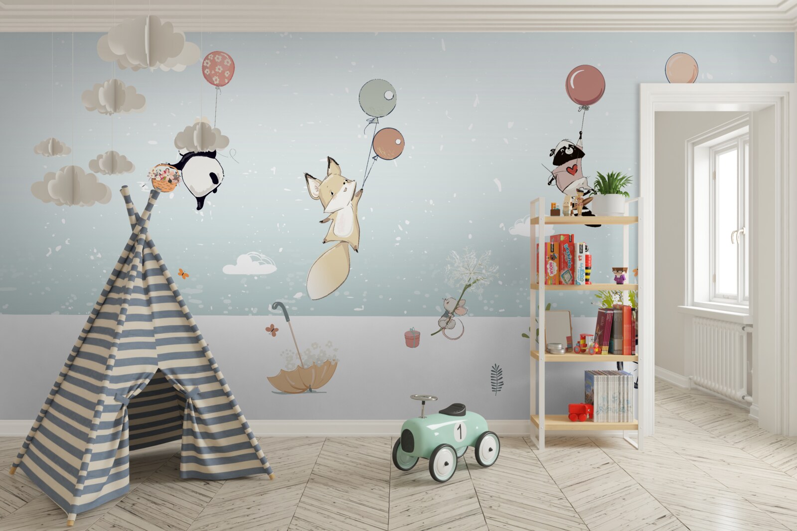 Fototapet animalele plutesc pe baloane și un panda merge pe bicicletă