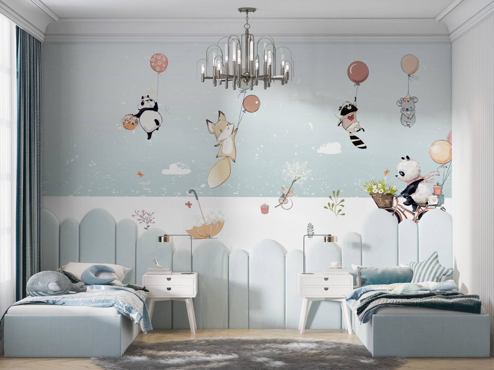 Fototapet animalele plutesc pe baloane și un panda merge pe bicicletă