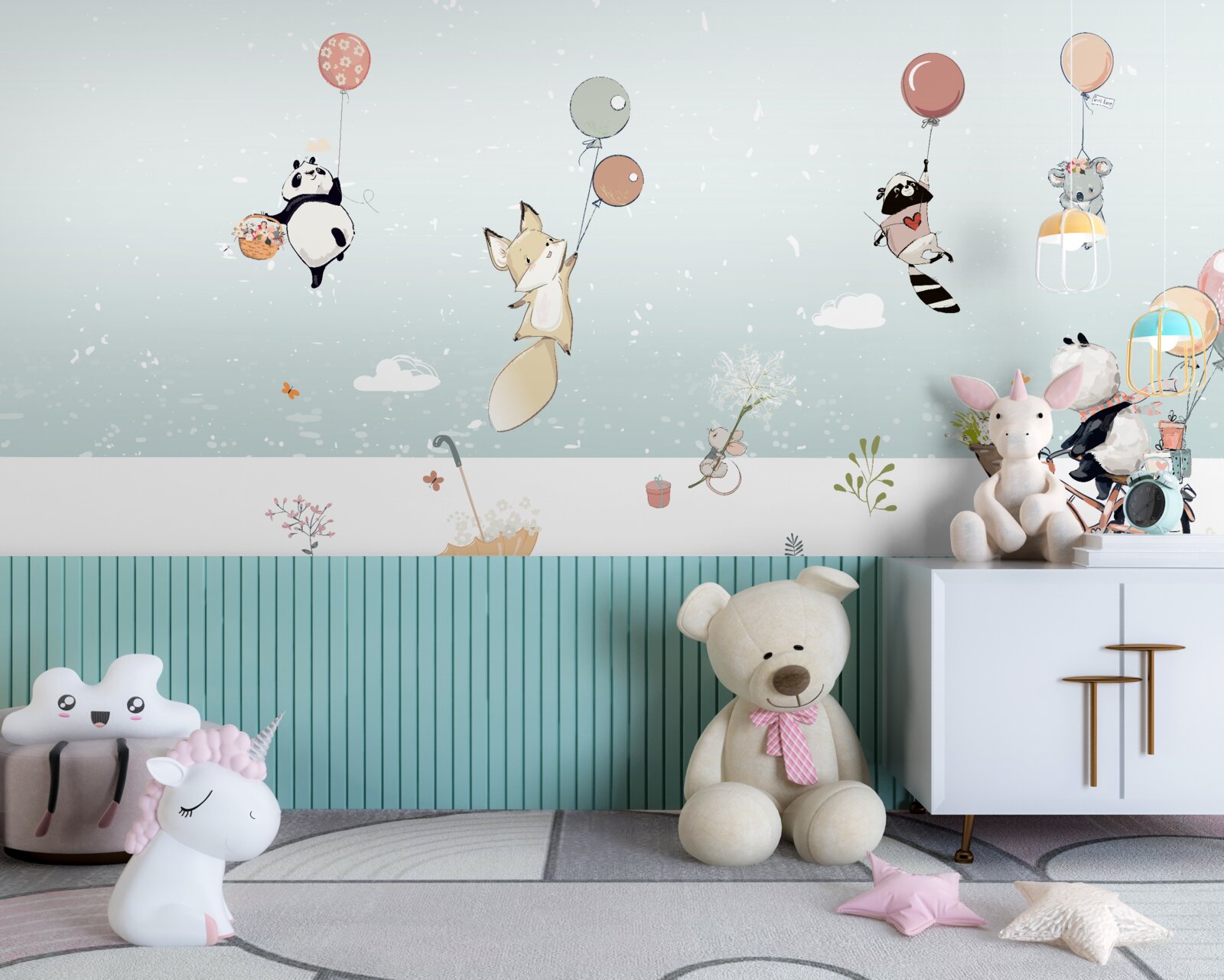 Fototapet animalele plutesc pe baloane și un panda merge pe bicicletă