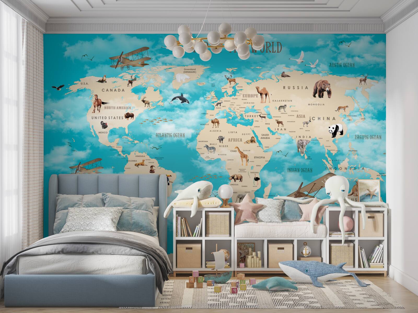 Fototapet harta lumii cu detalii pe un fundal turcoaz