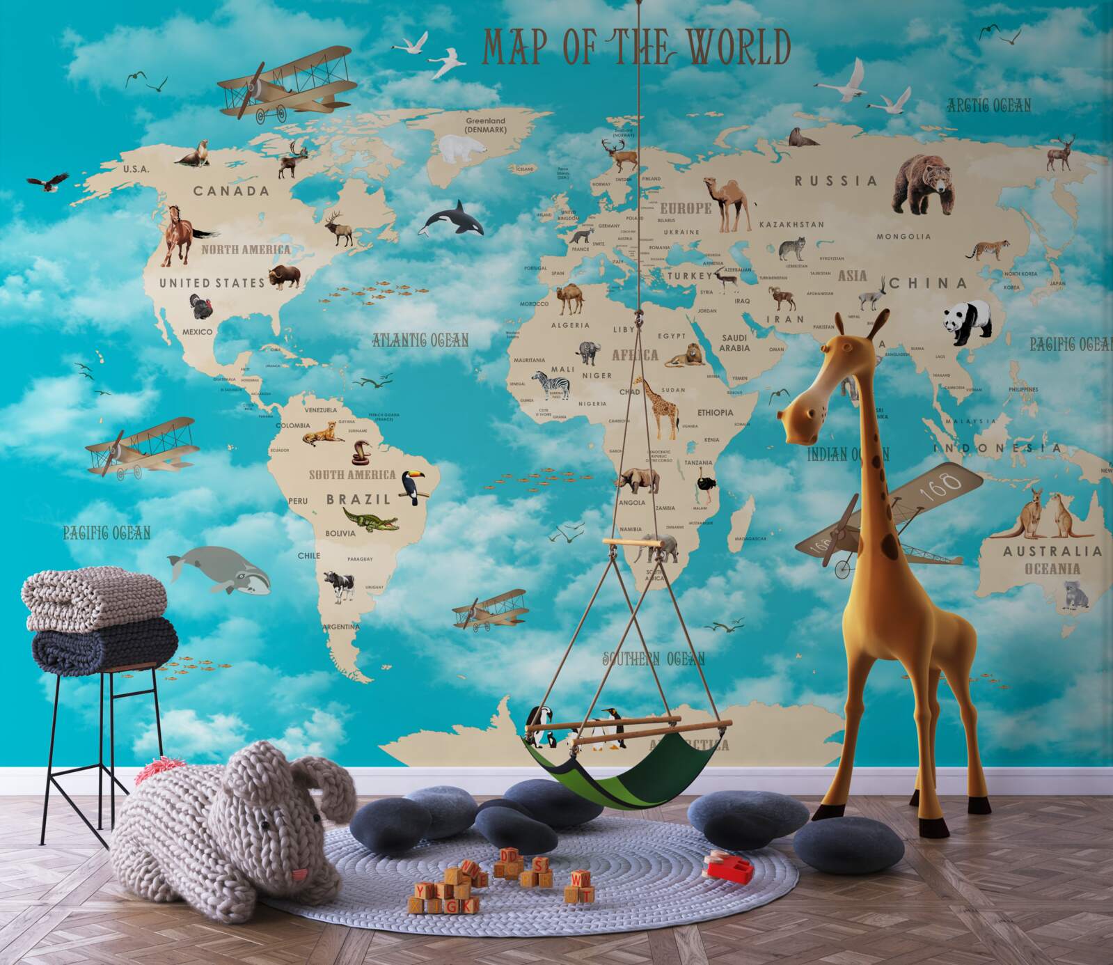 Fototapet harta lumii cu detalii pe un fundal turcoaz