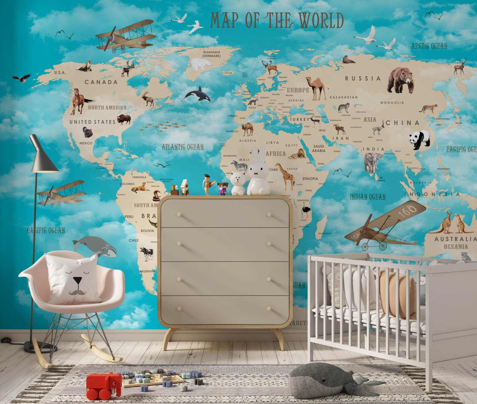 Fototapet harta lumii cu detalii pe un fundal turcoaz