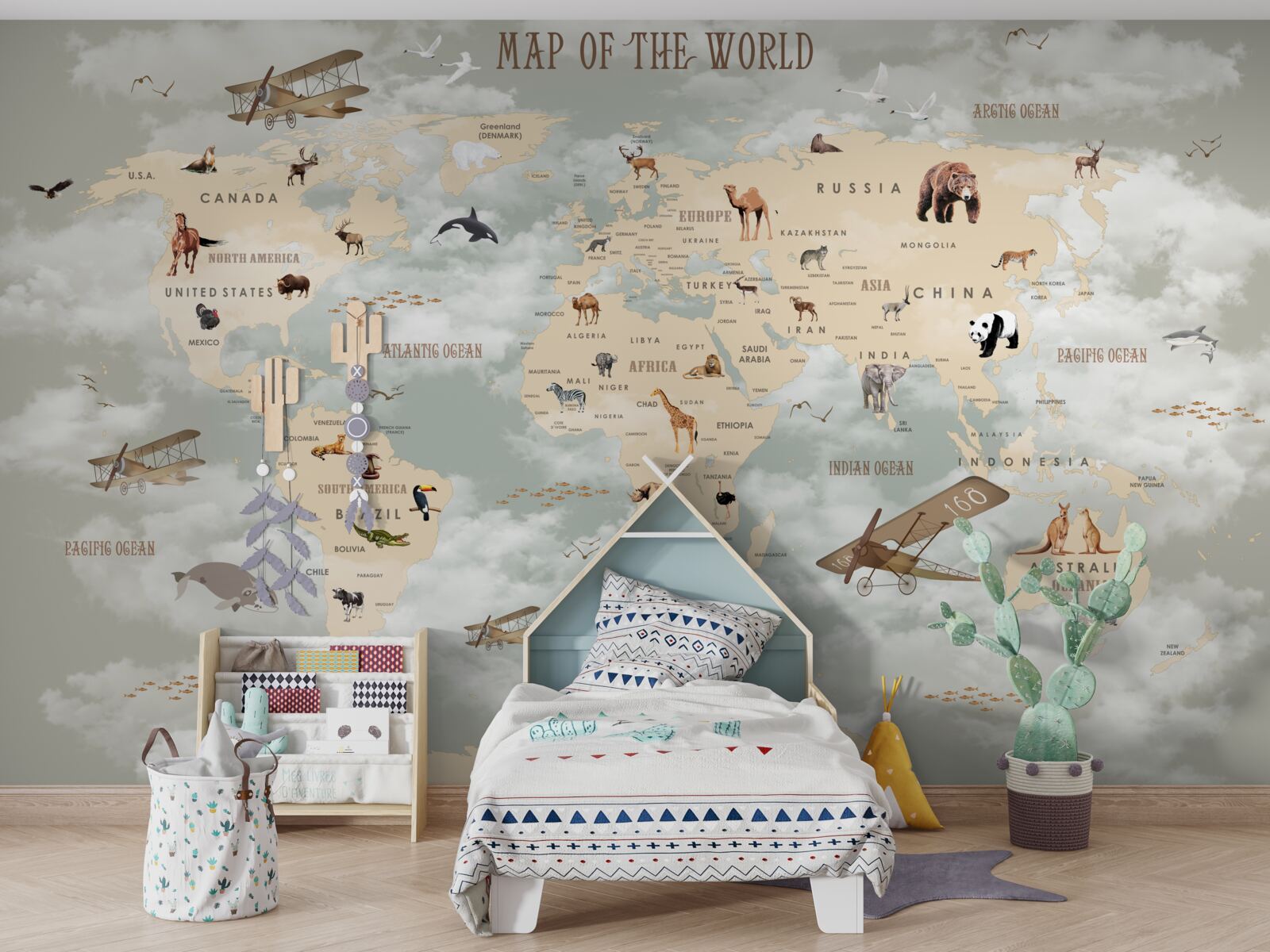 Fototapet harta lumii cu animale și mijloace de transport