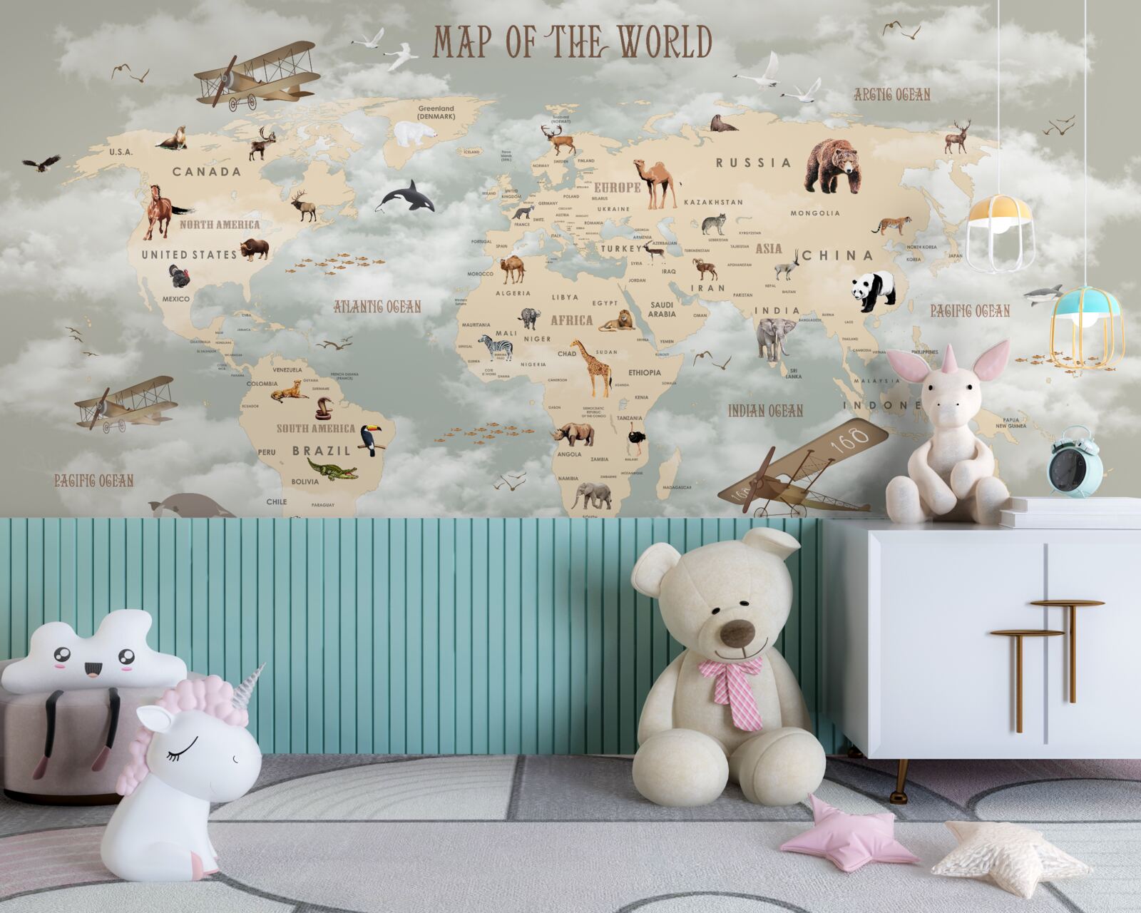 Fototapet harta lumii cu animale și mijloace de transport