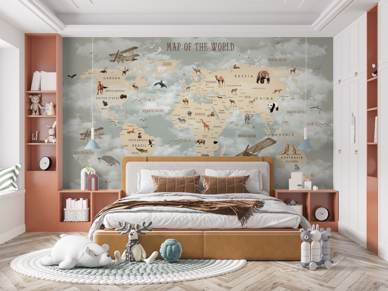 Fototapet harta lumii cu animale și mijloace de transport