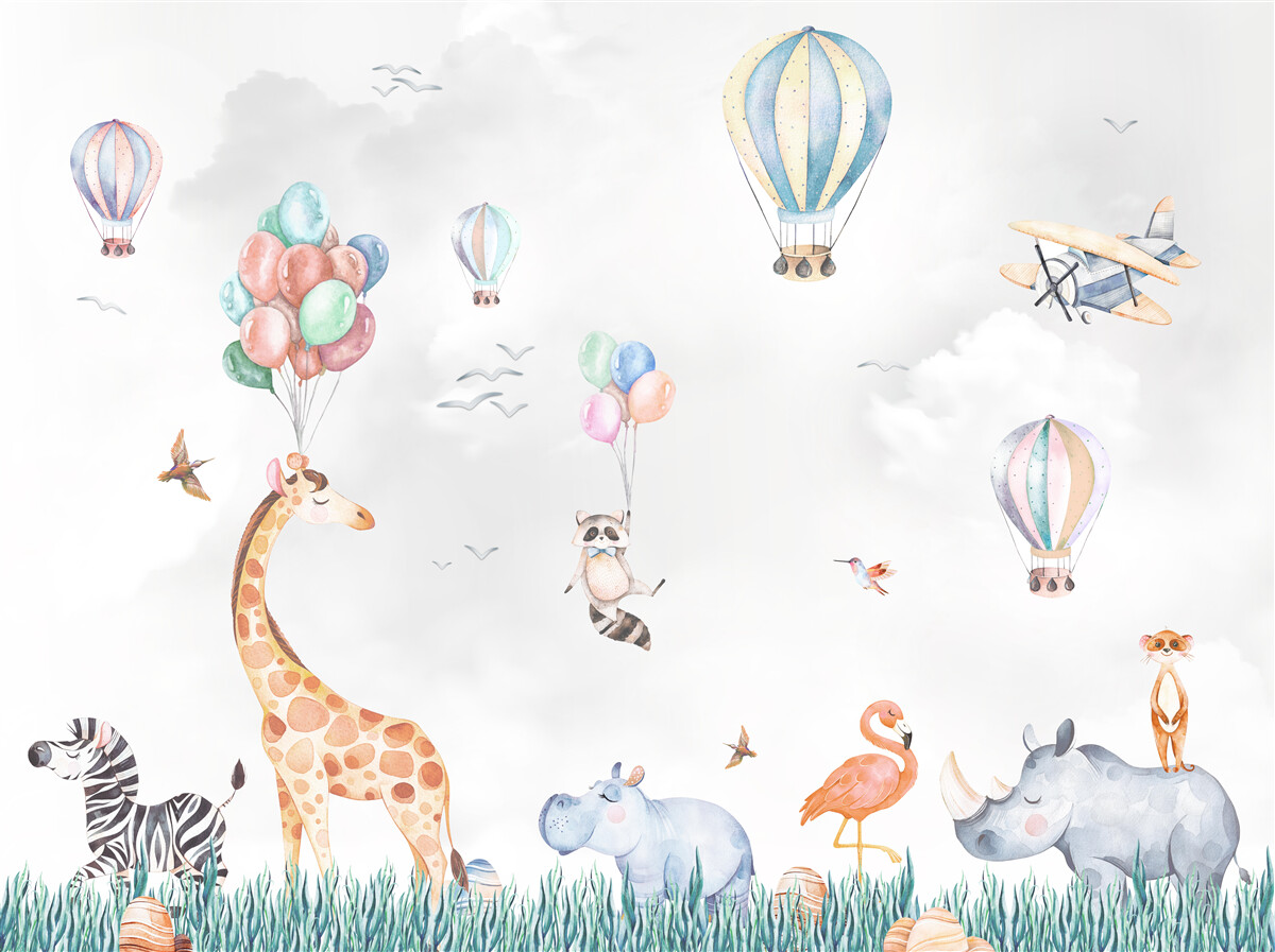 Fototapet baloanele și baloanele zboară mai sus decât animalele