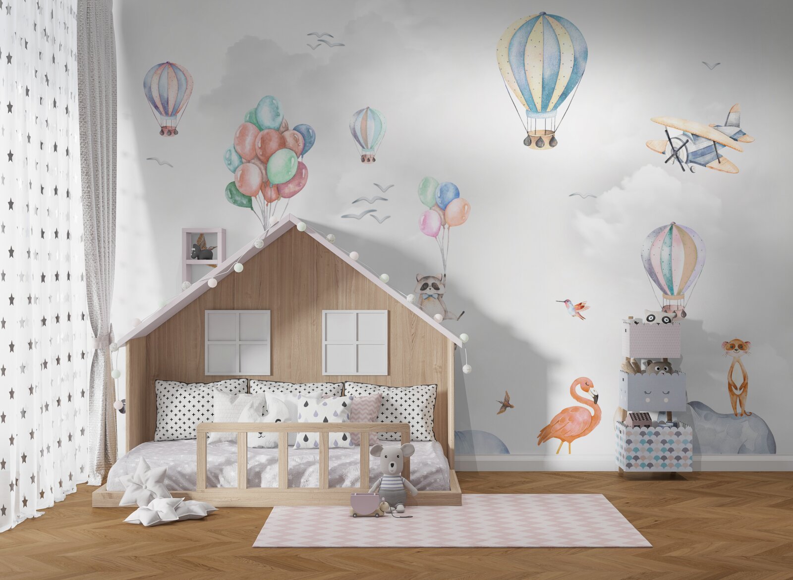 Fototapet baloanele și baloanele zboară mai sus decât animalele