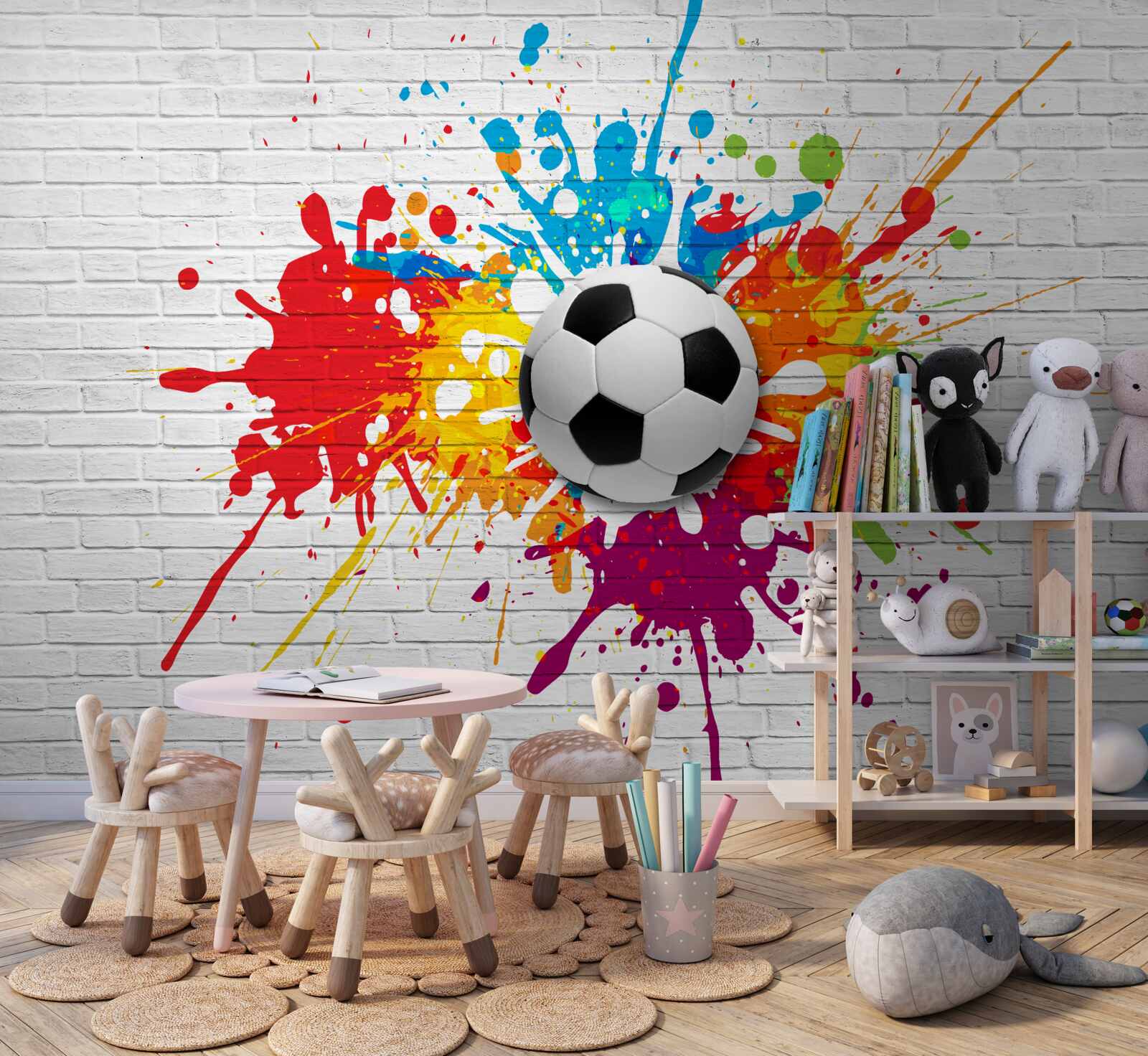 Fototapet există o minge de fotbal pe zidul de cărămidă