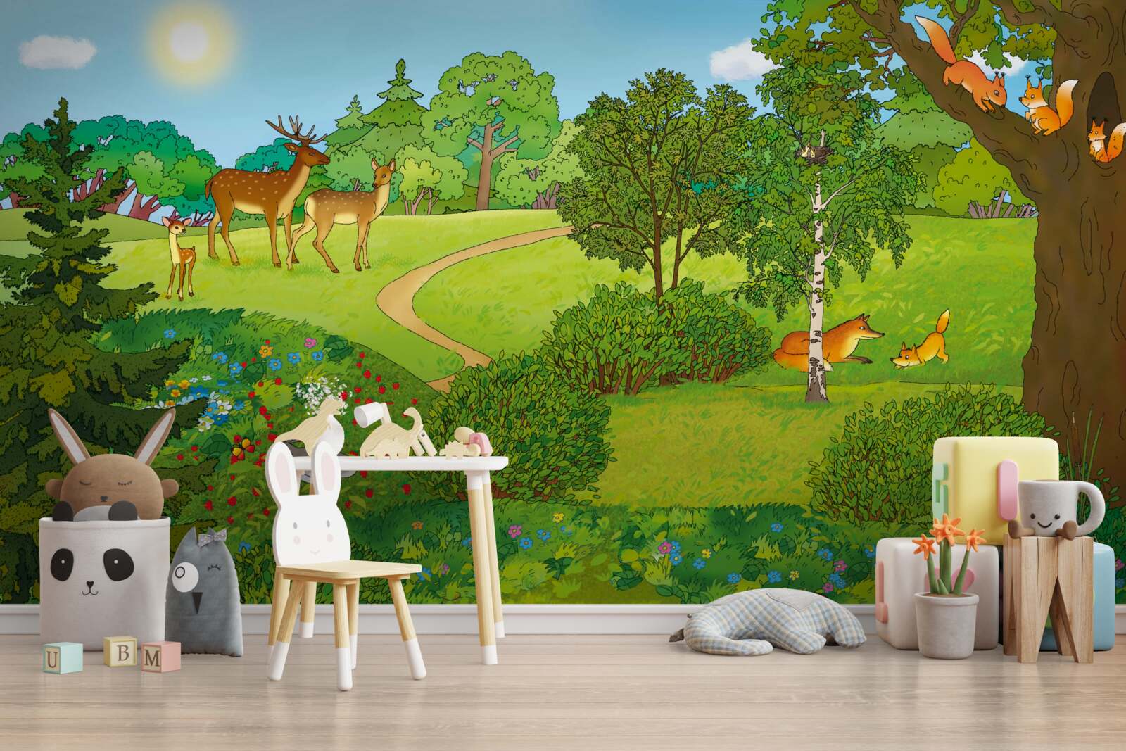 Fototapet animalele se plimbă printr-o poiană de pădure