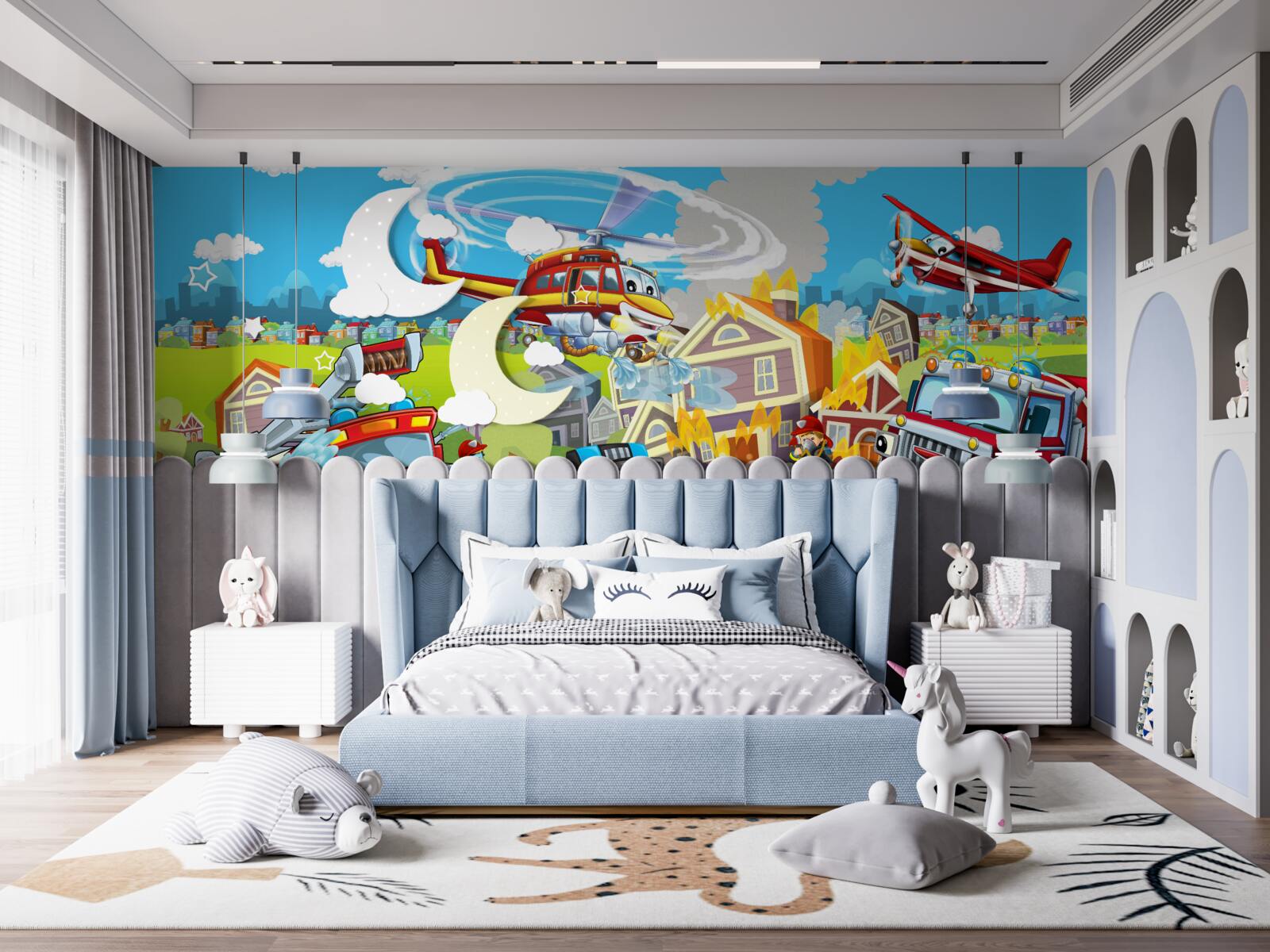 Fototapet pompieri și diferite tipuri de transport