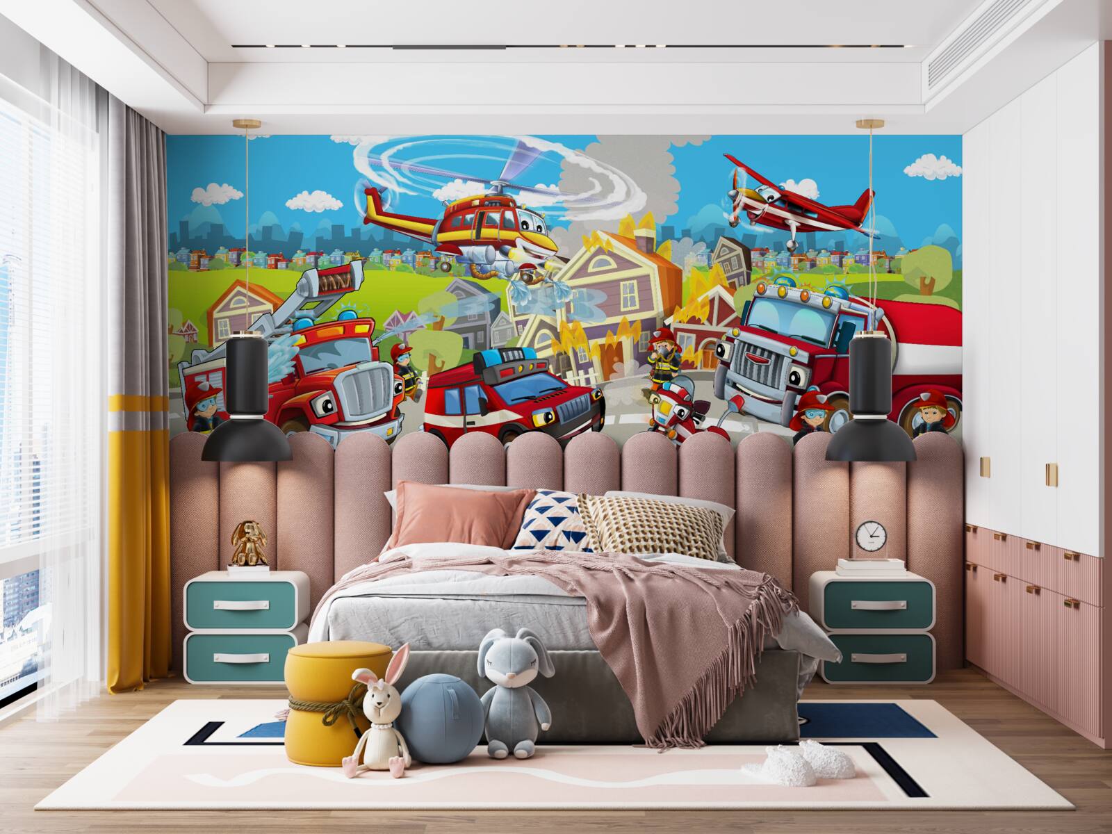 Fototapet pompieri și diferite tipuri de transport