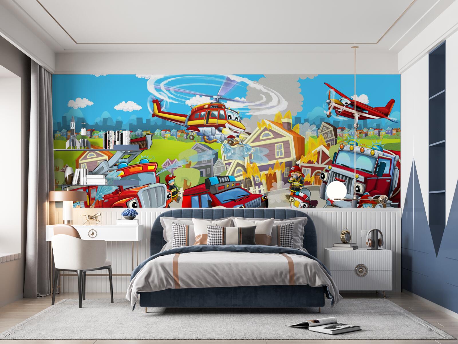 Fototapet pompieri și diferite tipuri de transport