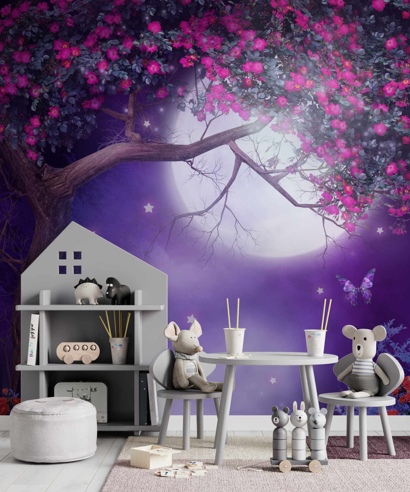 Fototapet luna este în plină strălucire și copacul este în floare