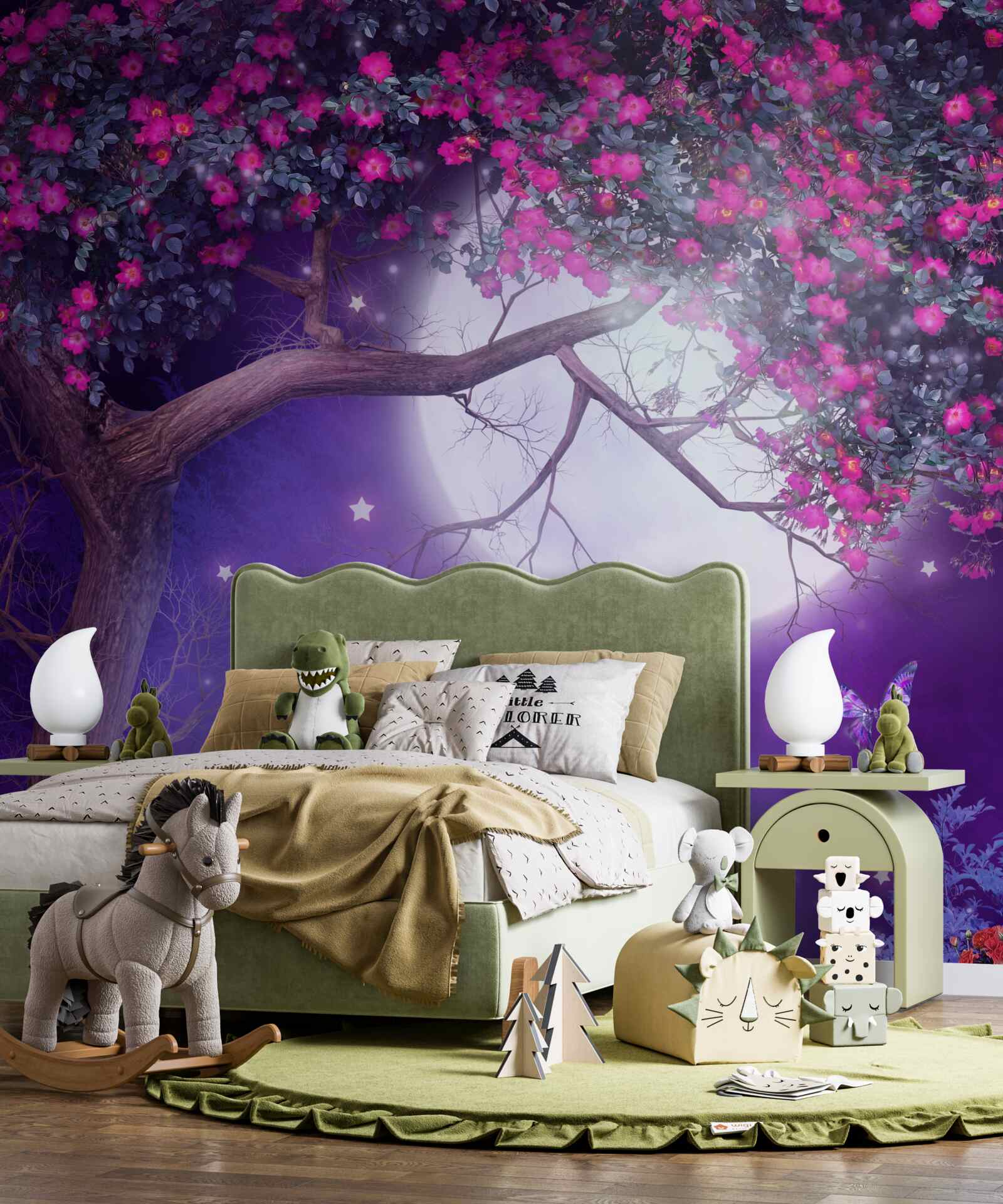 Fototapet luna este în plină strălucire și copacul este în floare