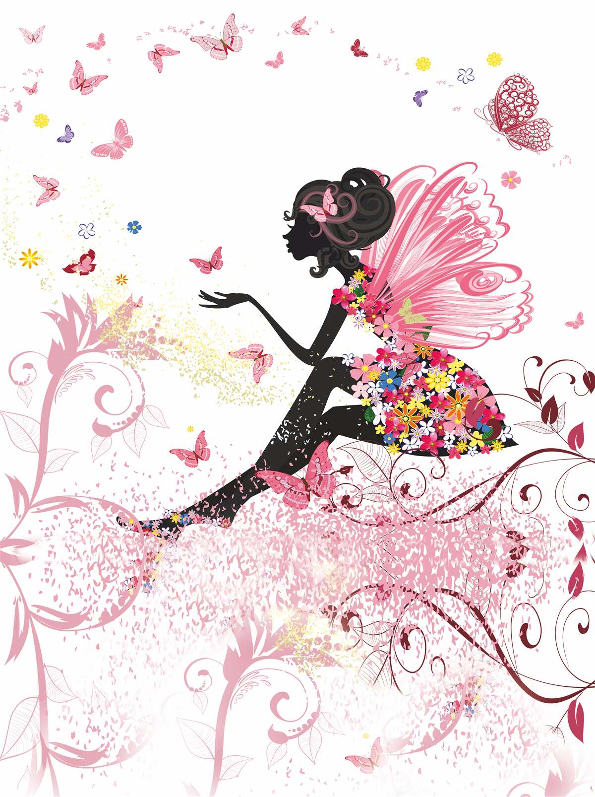 Fototapet imagine a unei fete înconjurată de fluturi și flori