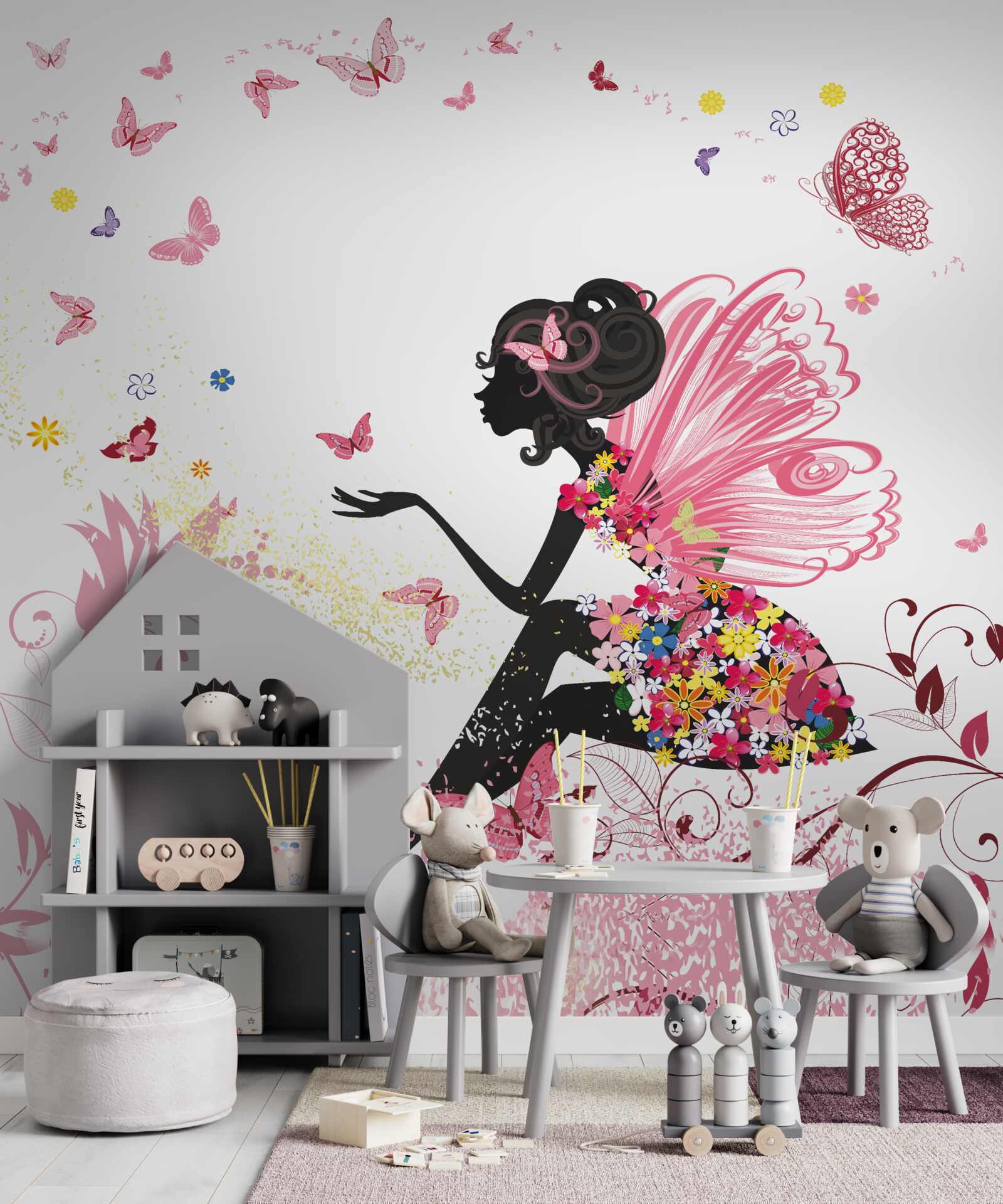 Fototapet imagine a unei fete înconjurată de fluturi și flori