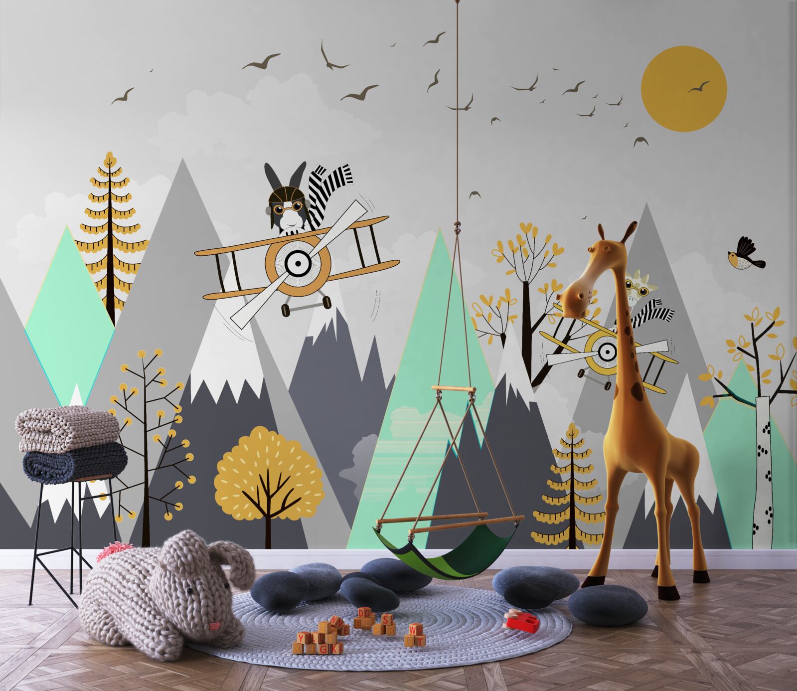 Fototapet animale în cerc deasupra munților