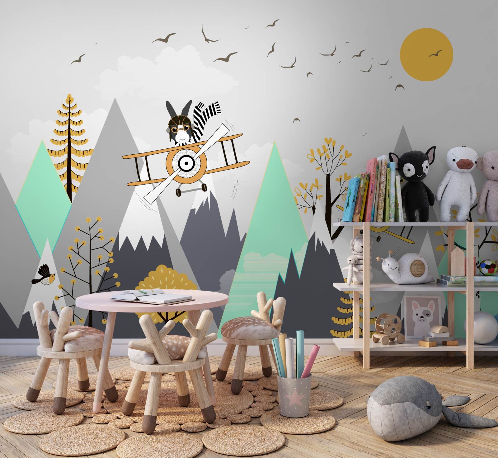 Fototapet animale în cerc deasupra munților