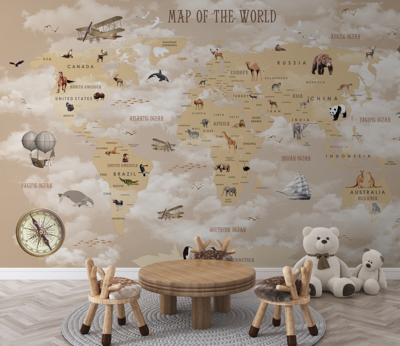 Fototapet harta lumii în nuanțe de maro