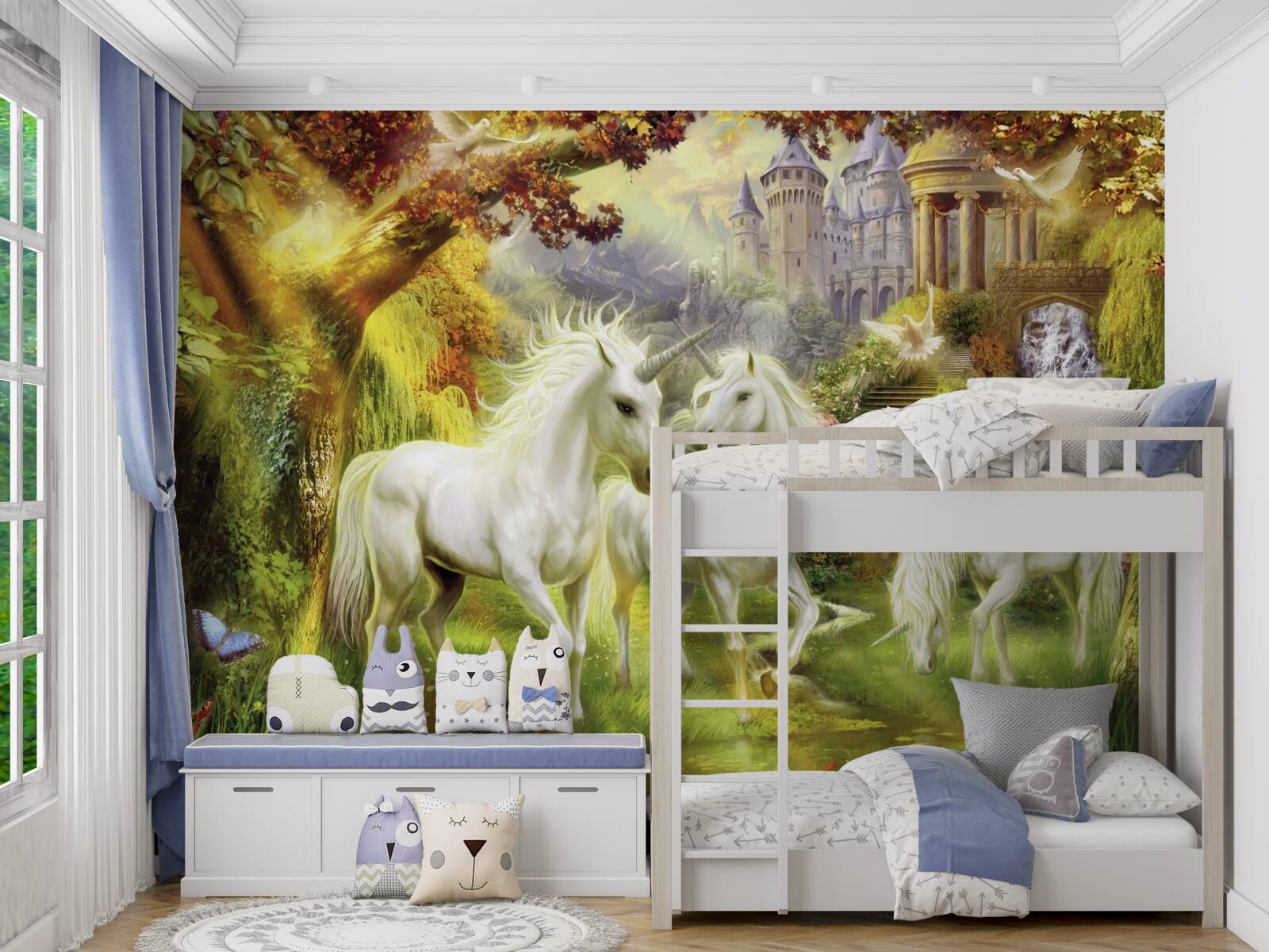 Fototapet Unicornii sunt pur albi în pădurea de lângă castel