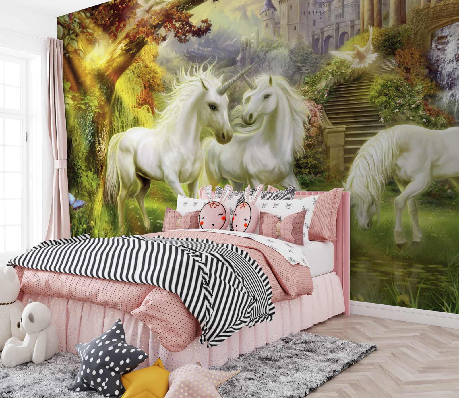 Fototapet Unicornii sunt pur albi în pădurea de lângă castel