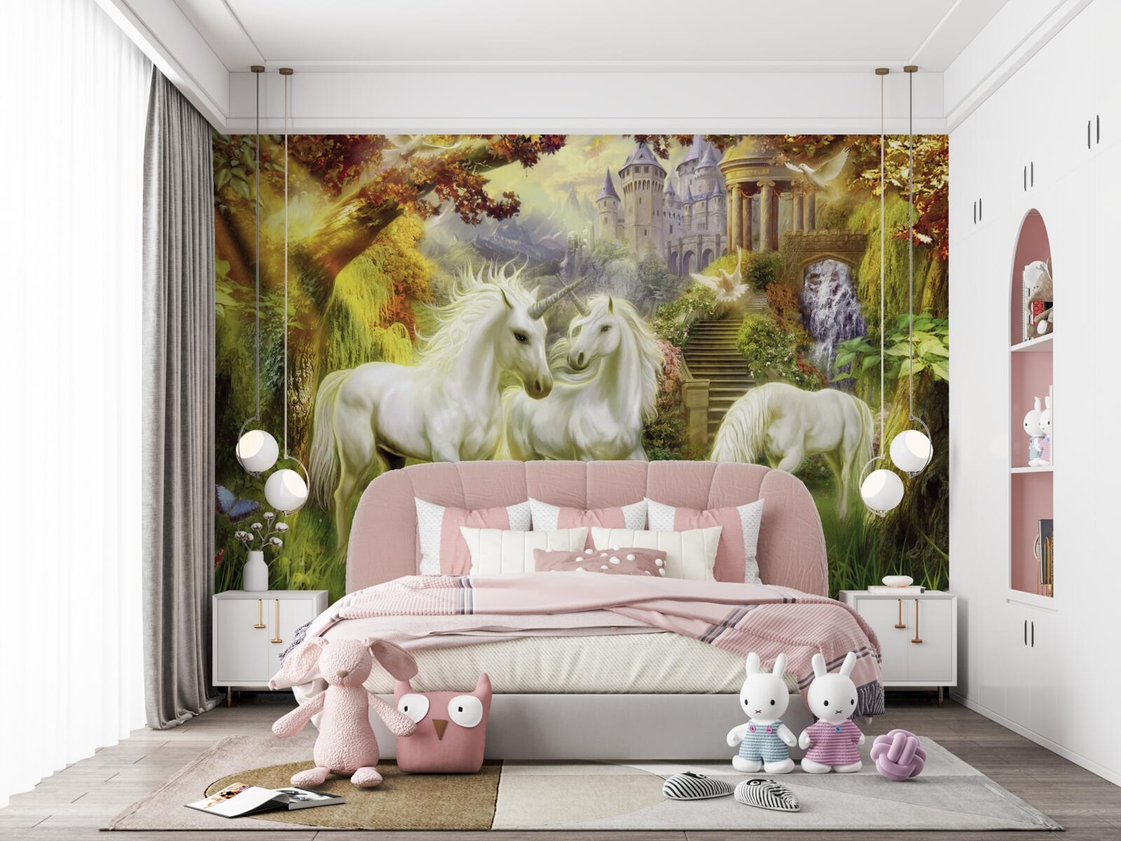 Fototapet Unicornii sunt pur albi în pădurea de lângă castel