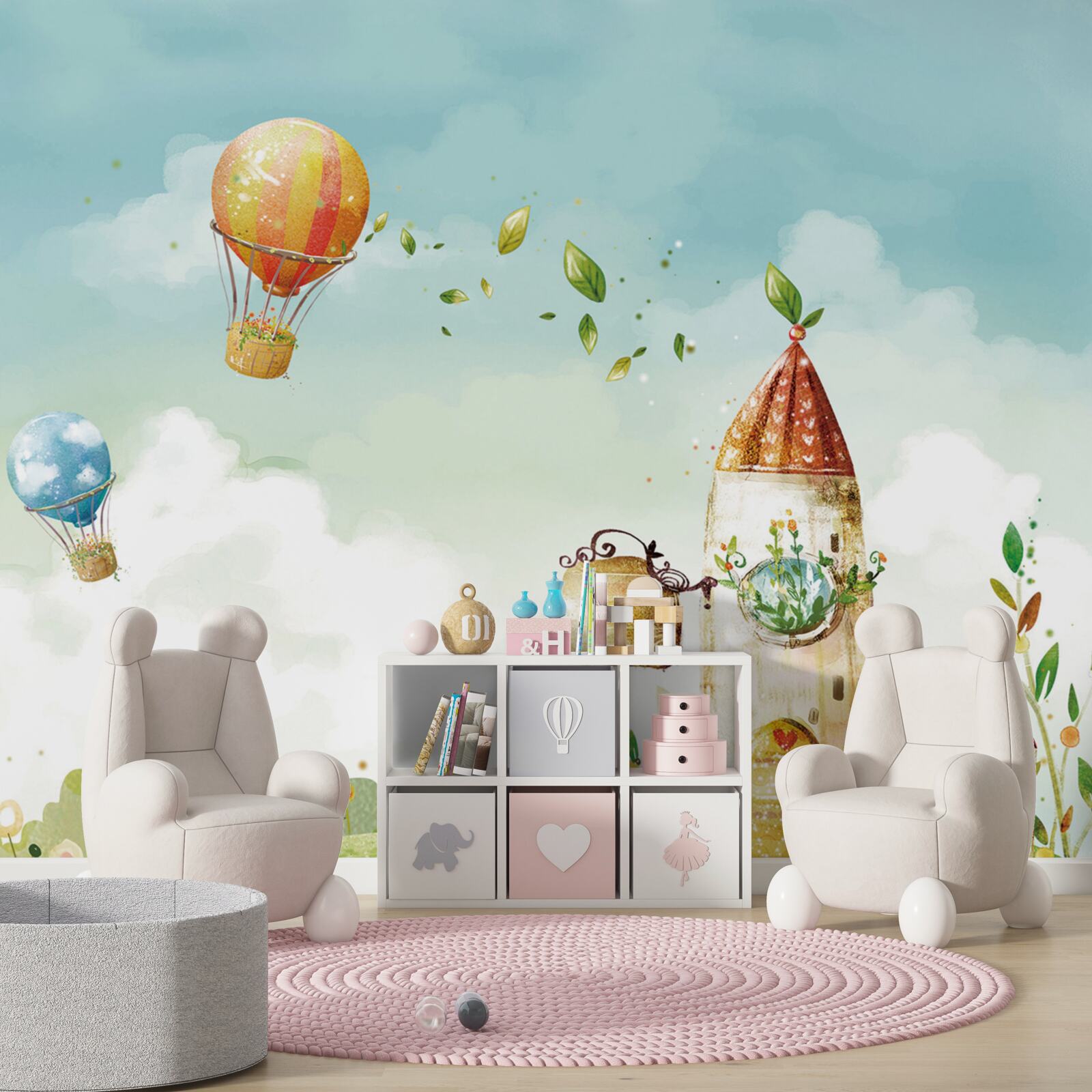 Fototapet mai multe baloane cu aer cald zboară deasupra unei case de țară