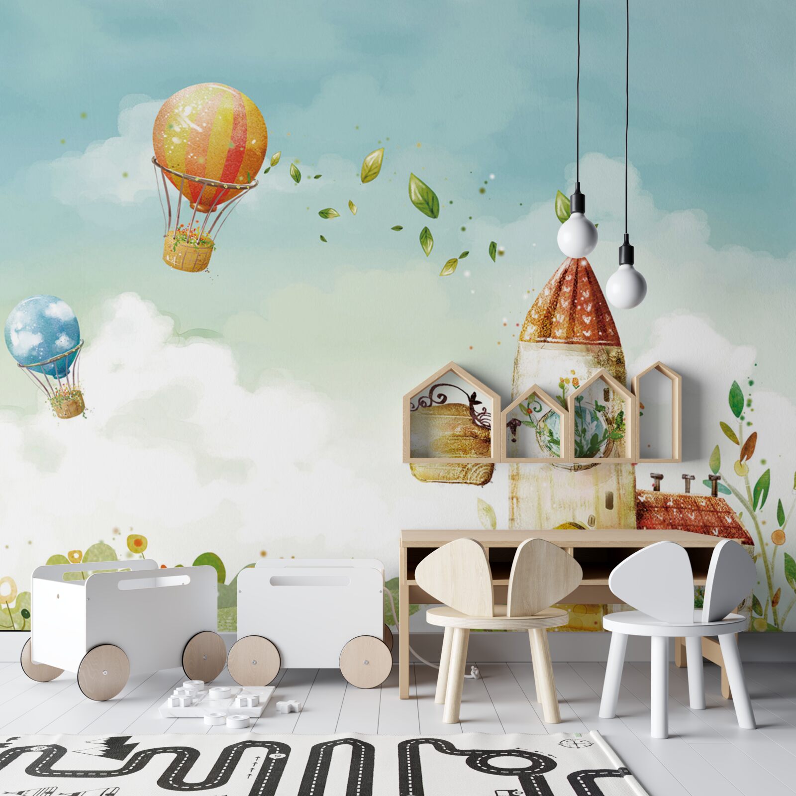 Fototapet mai multe baloane cu aer cald zboară deasupra unei case de țară