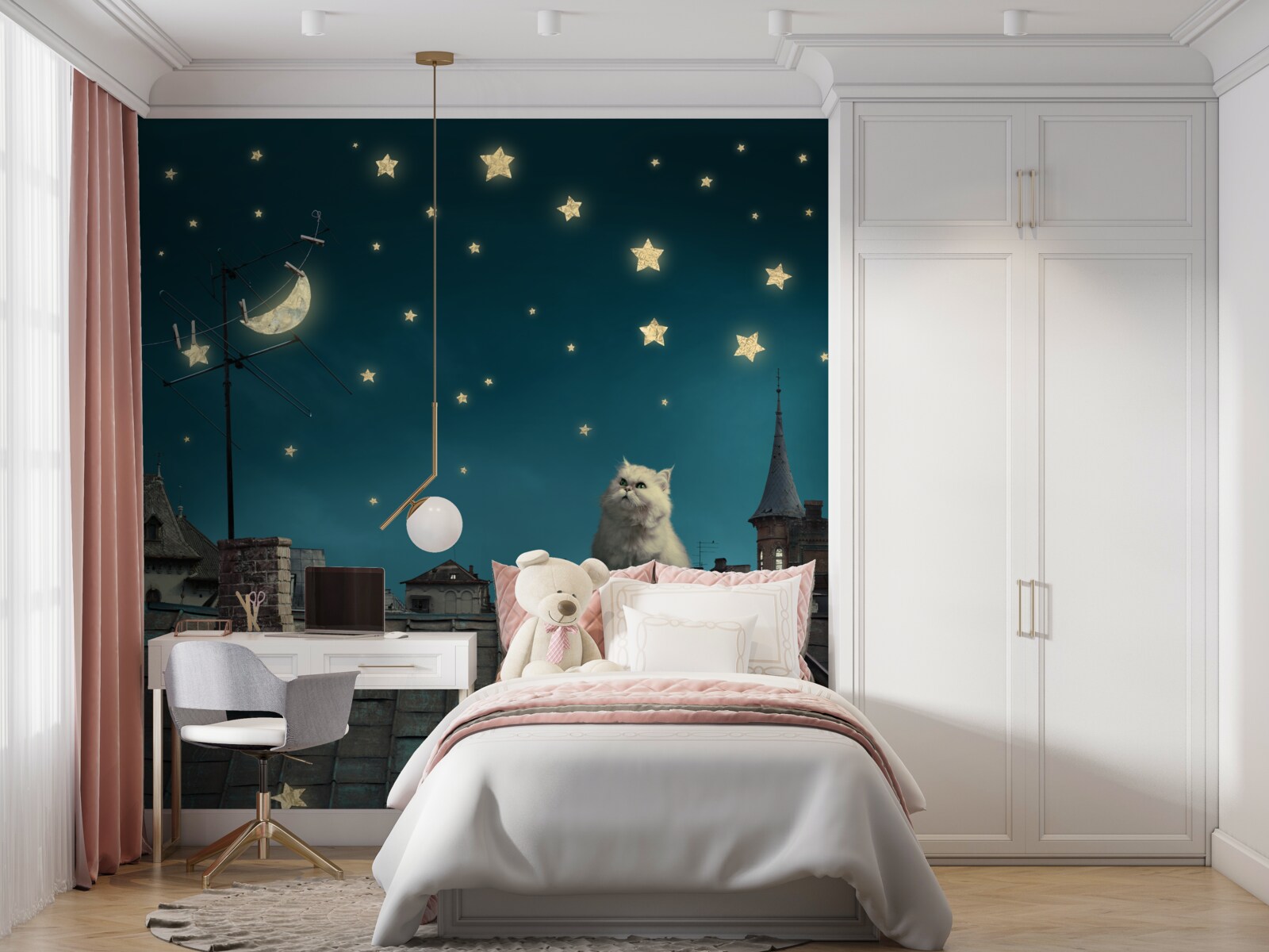 Fototapet noaptea este o pisică albă pe acoperiș