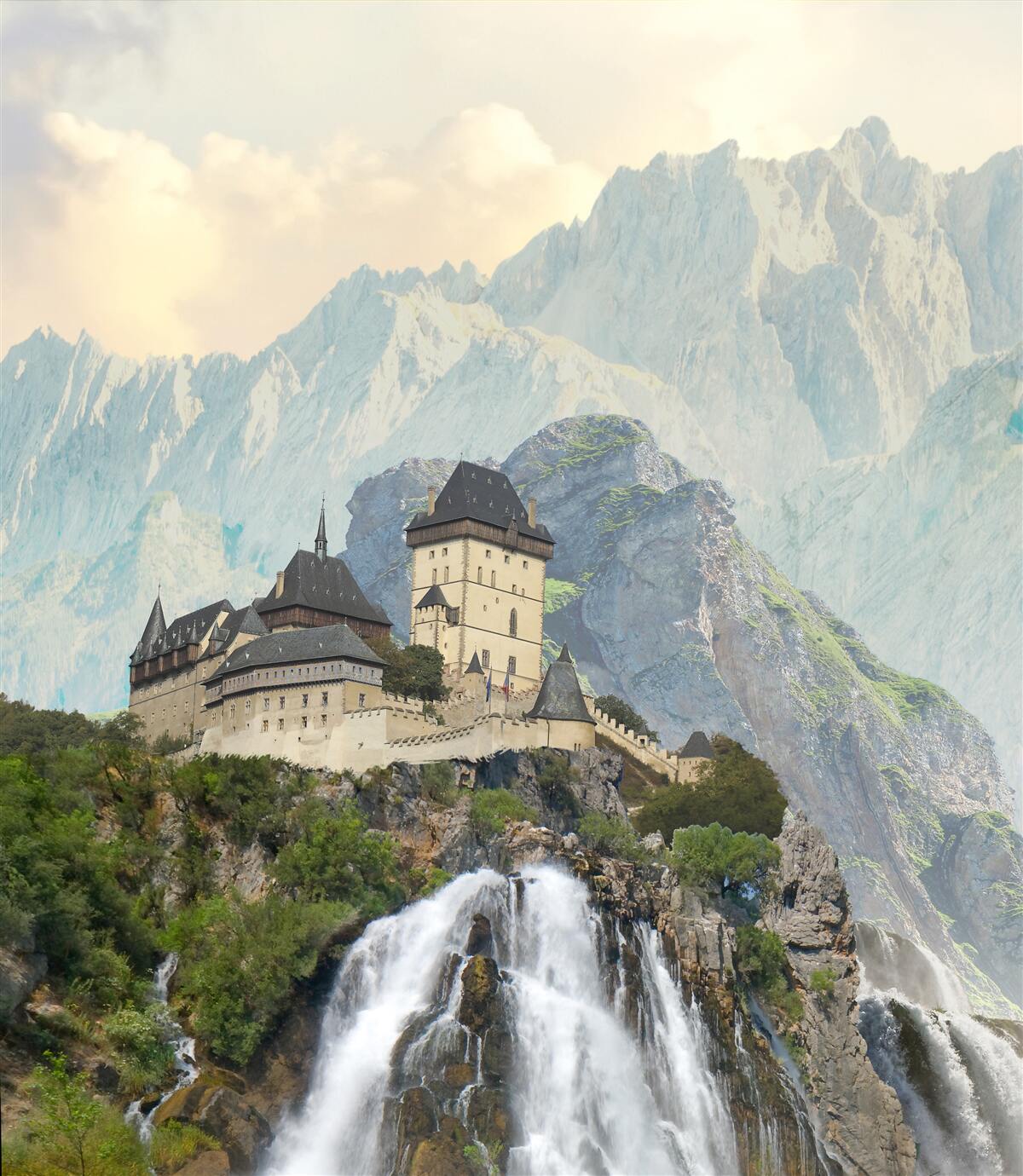 Fototapet karlštejn este un castel situat în munți.