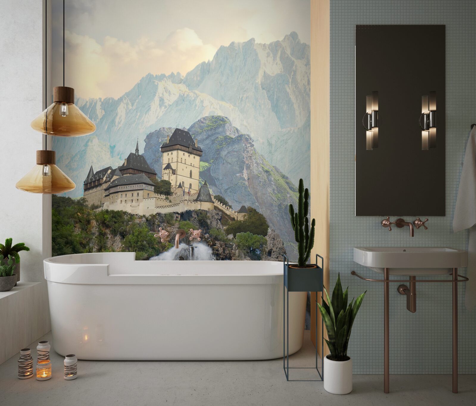 Fototapet karlštejn este un castel situat în munți.