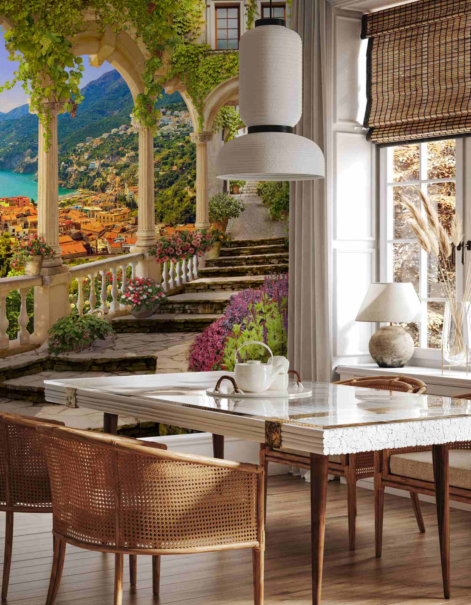 Fototapet terasă lângă mare, înconjurată de flori