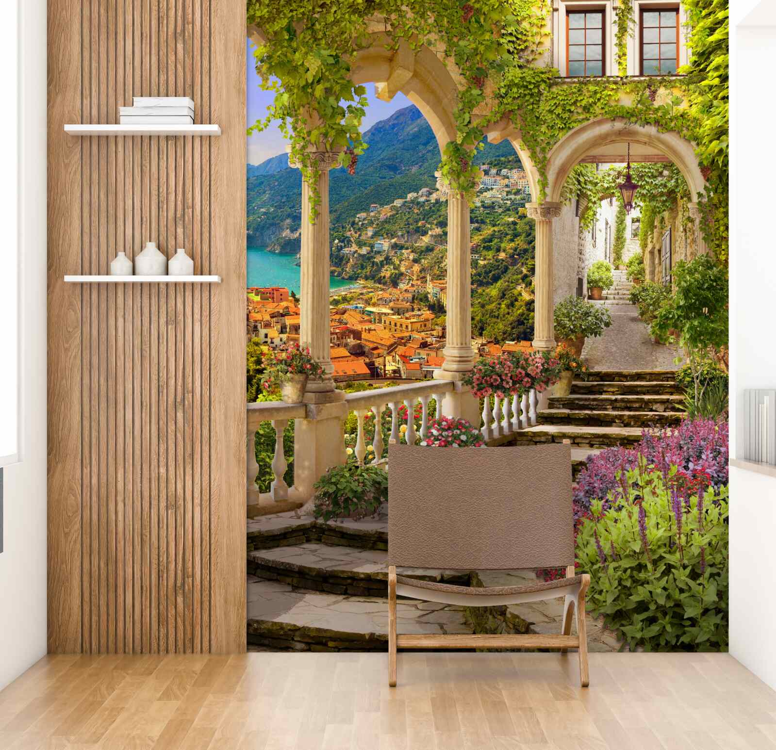 Fototapet terasă lângă mare, înconjurată de flori