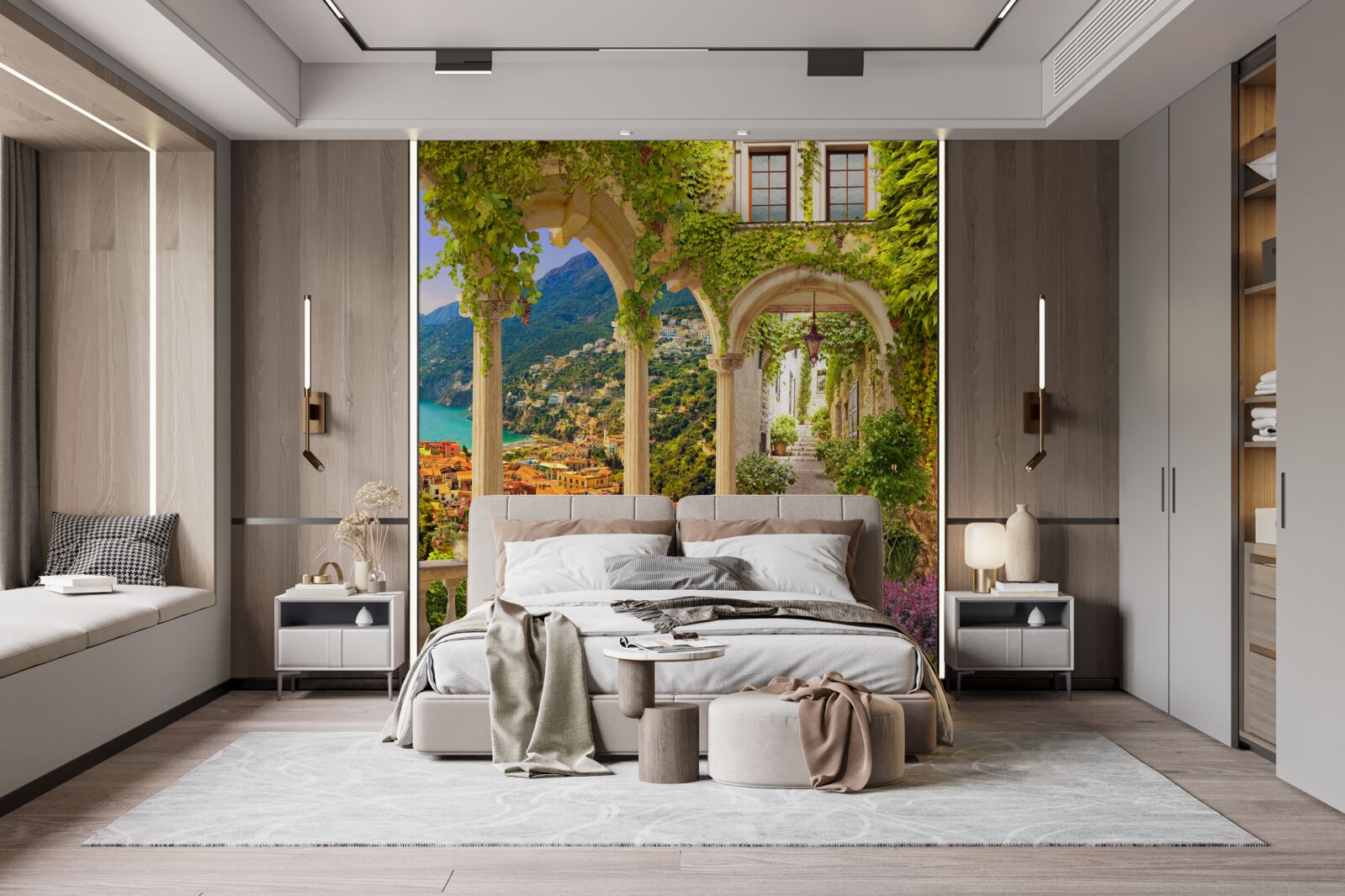 Fototapet terasă lângă mare, înconjurată de flori