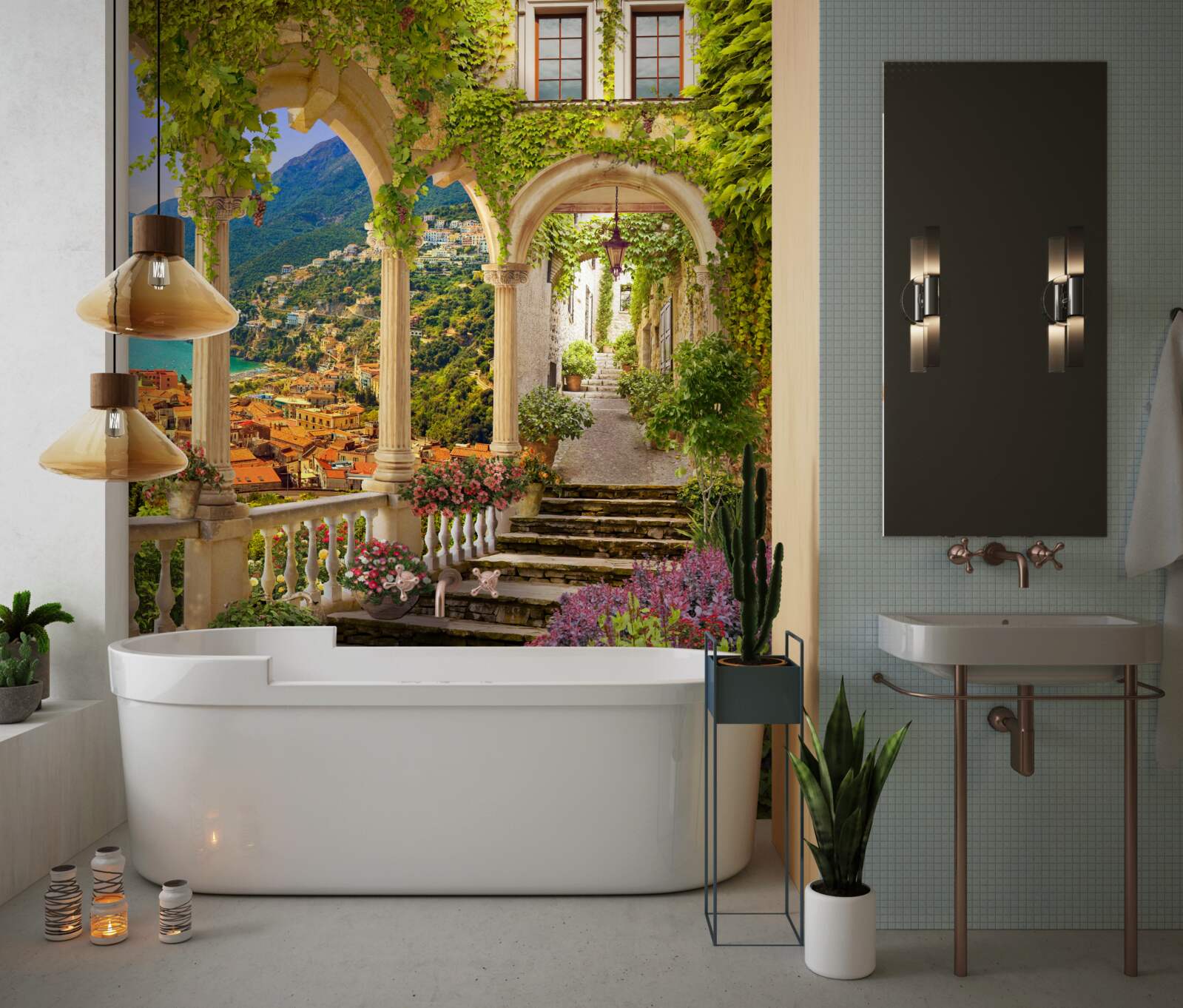 Fototapet terasă lângă mare, înconjurată de flori