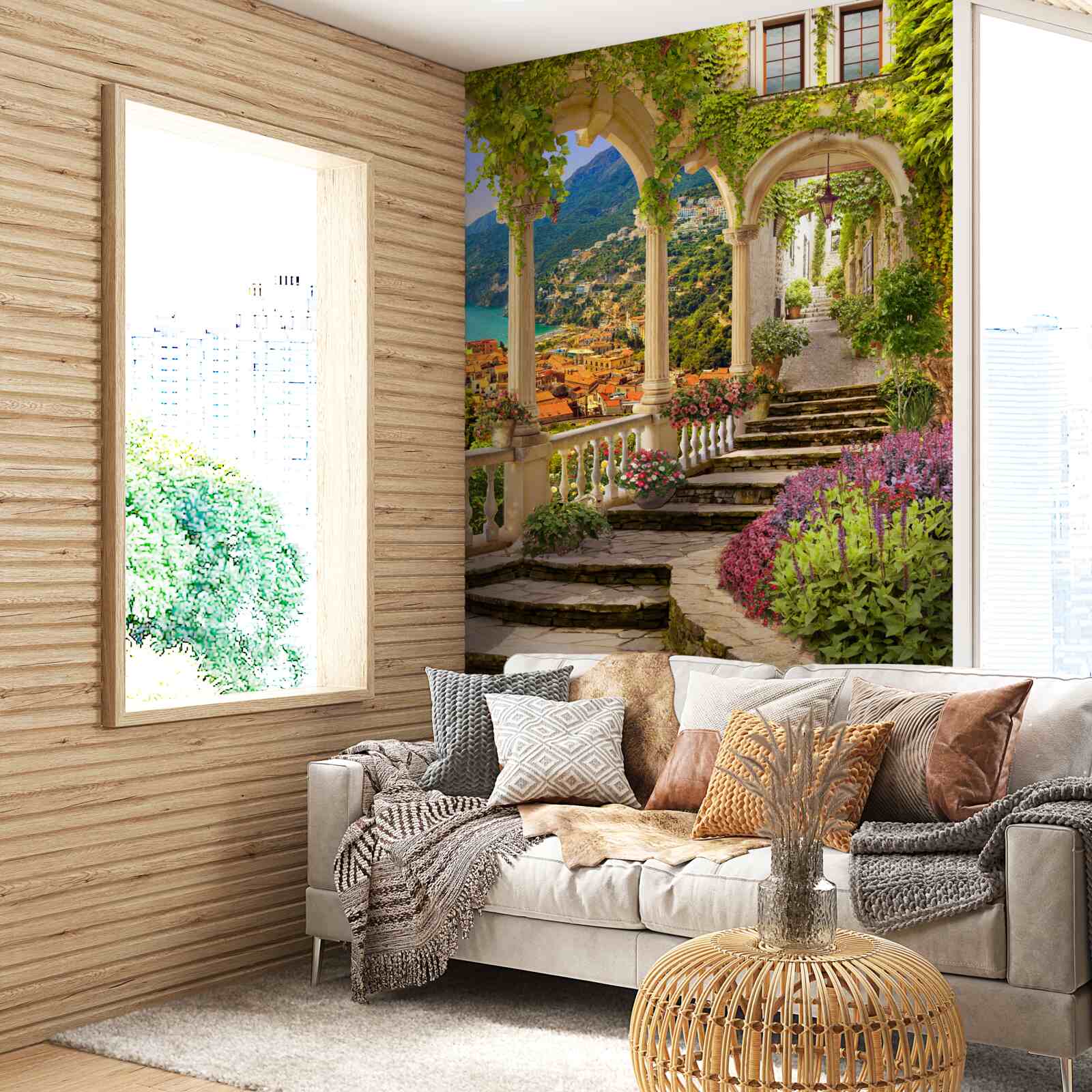 Fototapet terasă lângă mare, înconjurată de flori