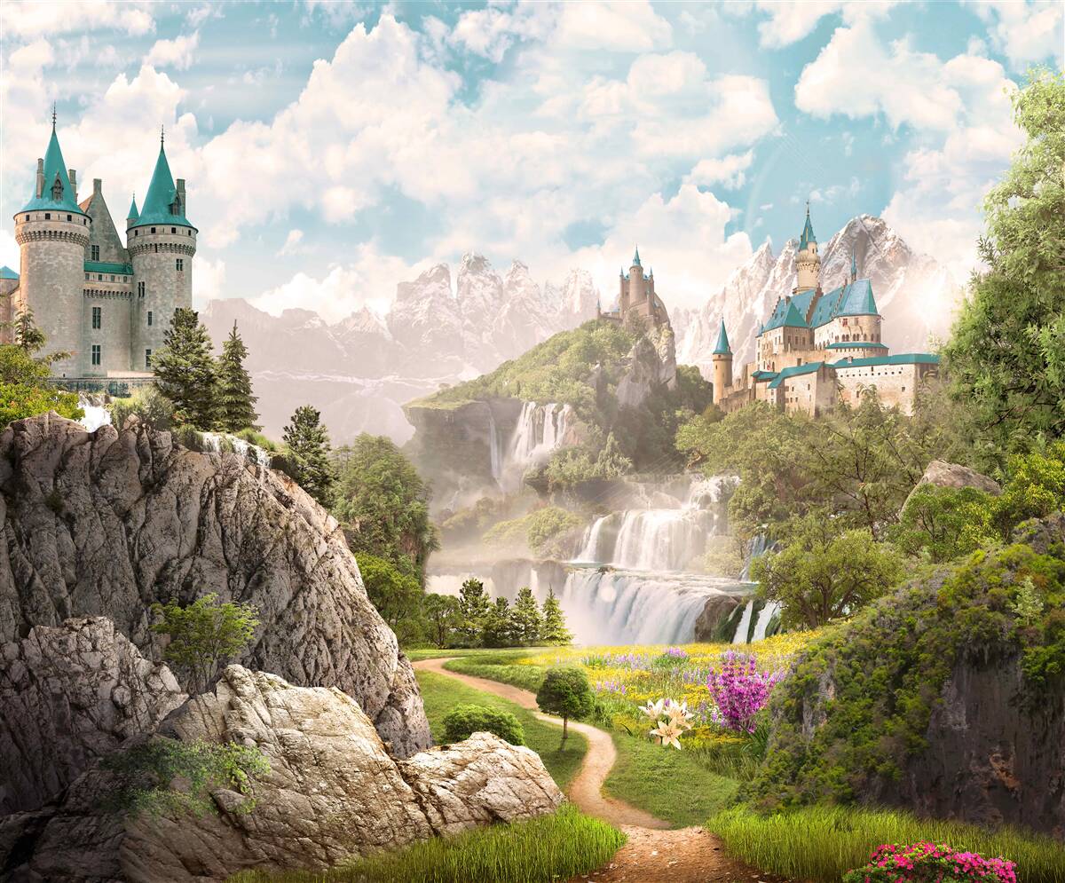 Fototapet vedere cu castele și cascadă