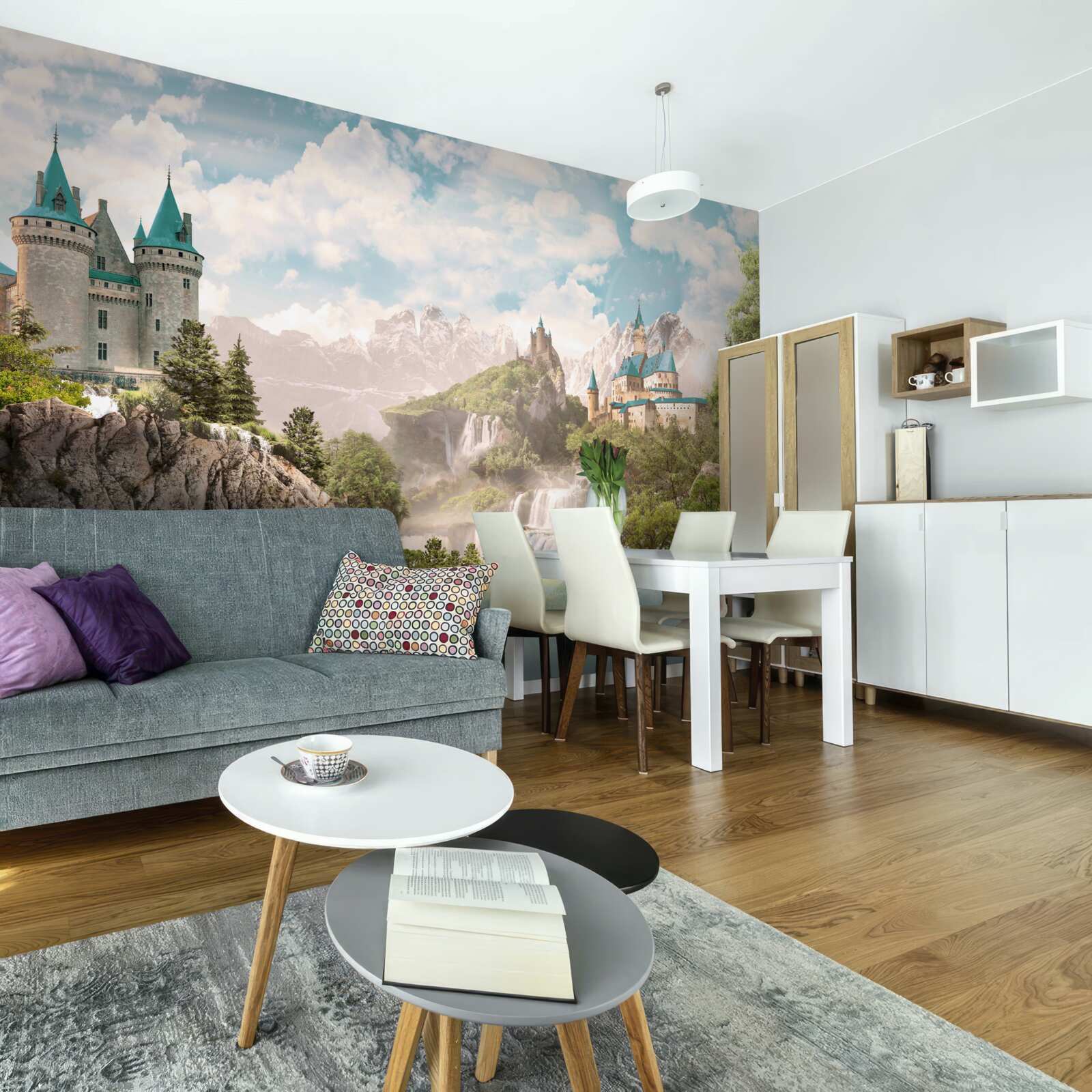 Fototapet vedere cu castele și cascadă