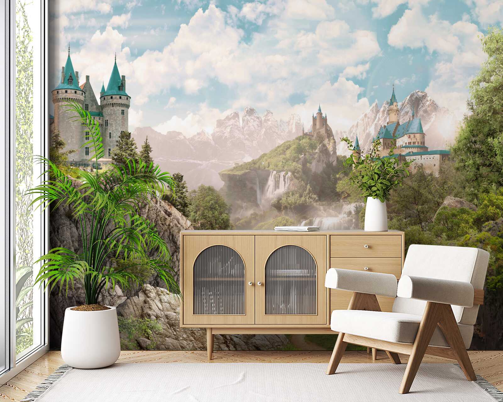 Fototapet vedere cu castele și cascadă