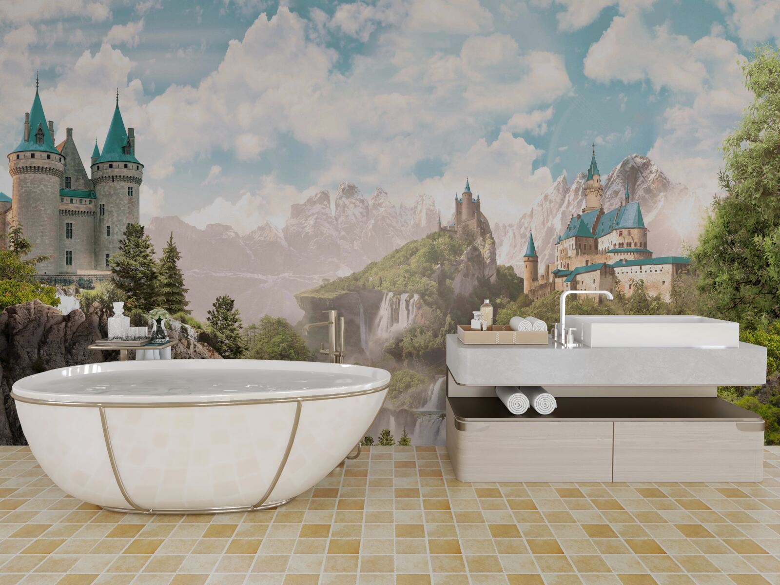 Fototapet vedere cu castele și cascadă