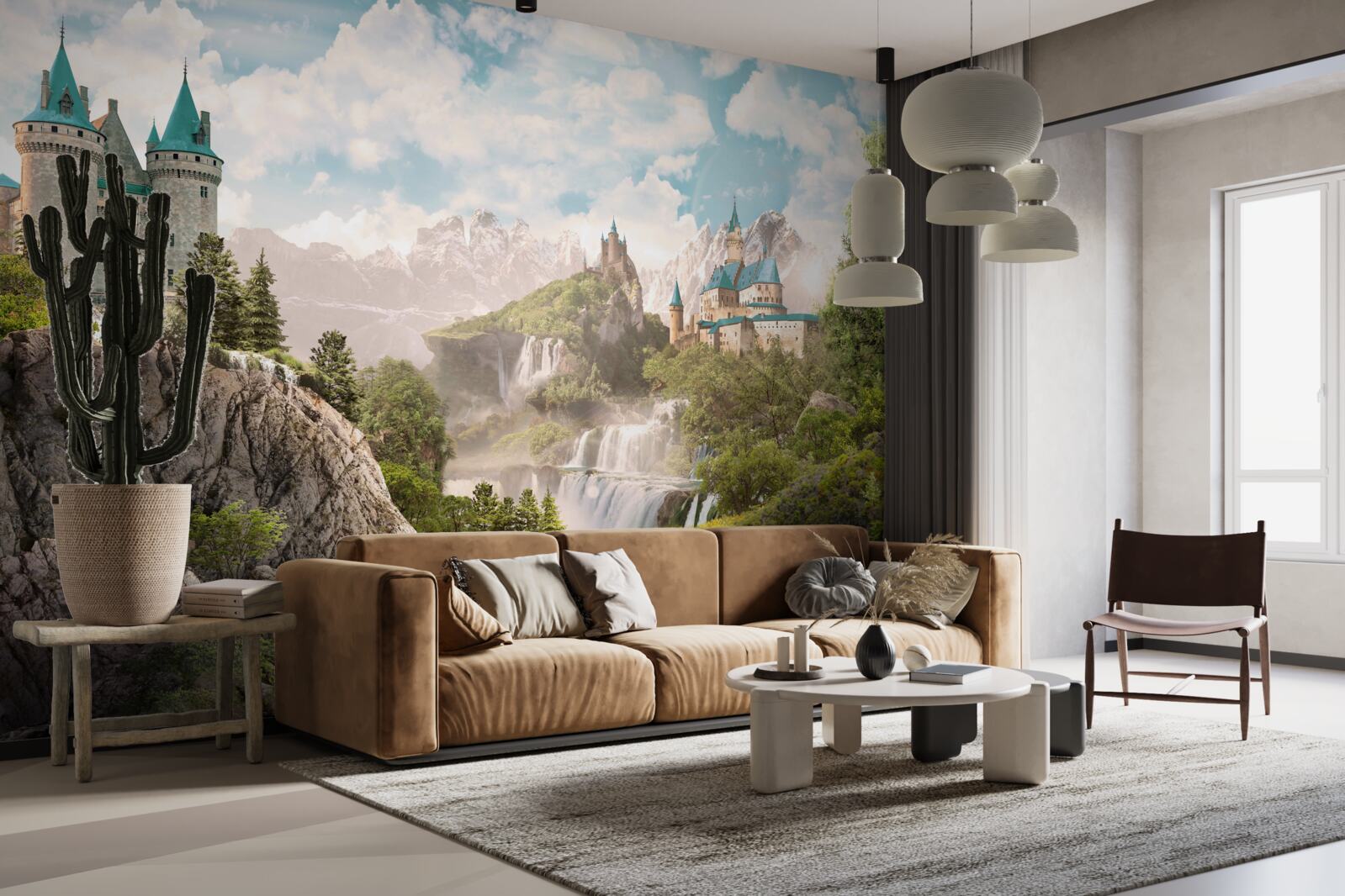 Fototapet vedere cu castele și cascadă