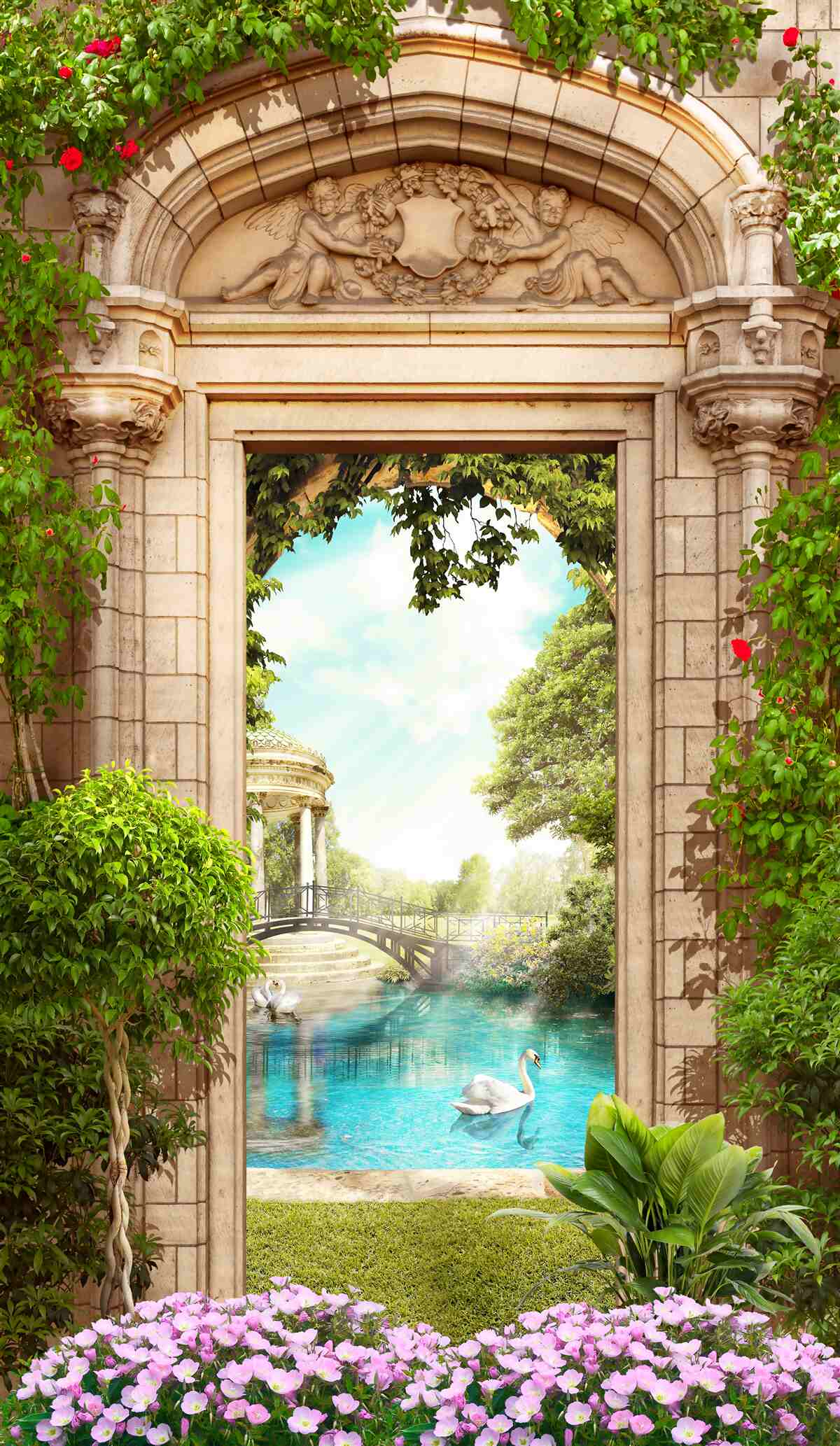 Fototapet panoramă a foișorului și a lacului cu lebede, cu deschidere dinspre arc